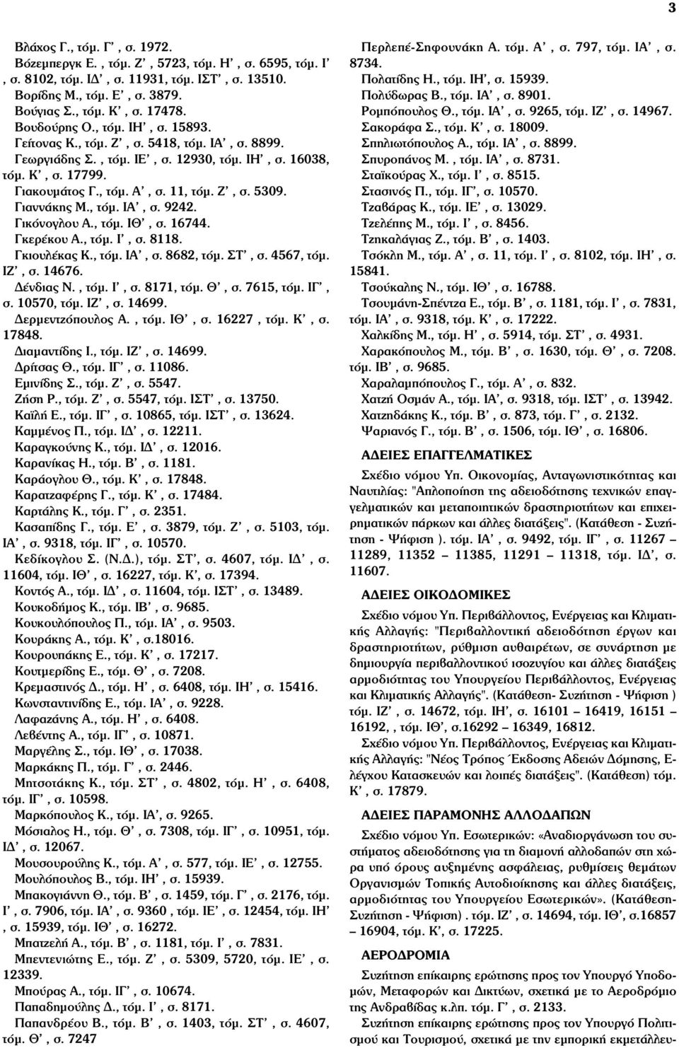 Ζ', σ. 5309. Γιαννάκης Μ., τόµ. ΙΑ', σ. 9242. Γικόνογλου Α., τόµ. ΙΘ', σ. 16744. Γκερέκου Α., τόµ. Ι', σ. 8118. Γκιουλέκας Κ., τόµ. ΙΑ', σ. 8682, τόµ. ΣΤ', σ. 4567, τόµ. ΙΖ', σ. 14676. Δένδιας Ν.