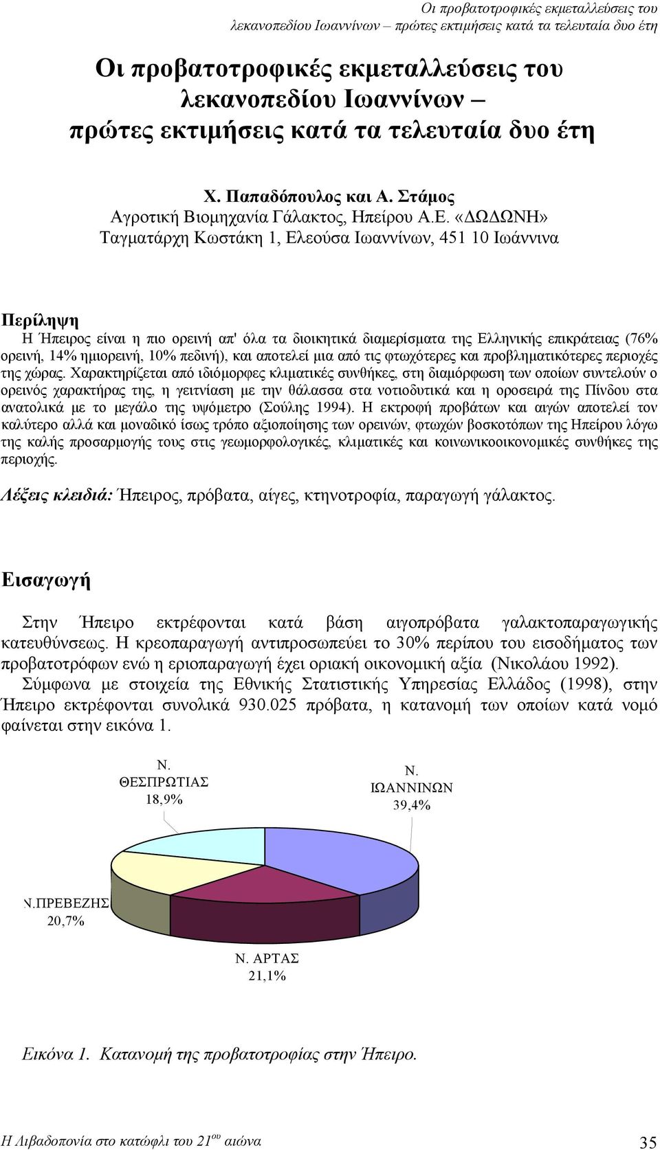 «ΔΩΔΩΝΗ» Ταγματάρχη Κωστάκη 1, Ελεούσα Ιωαννίνων, 451 10 Ιωάννινα Περίληψη Η Ήπειρος είναι η πιο ορεινή απ' όλα τα διοικητικά διαμερίσματα της Ελληνικής επικράτειας (76% ορεινή, 14% ημιορεινή, 10%