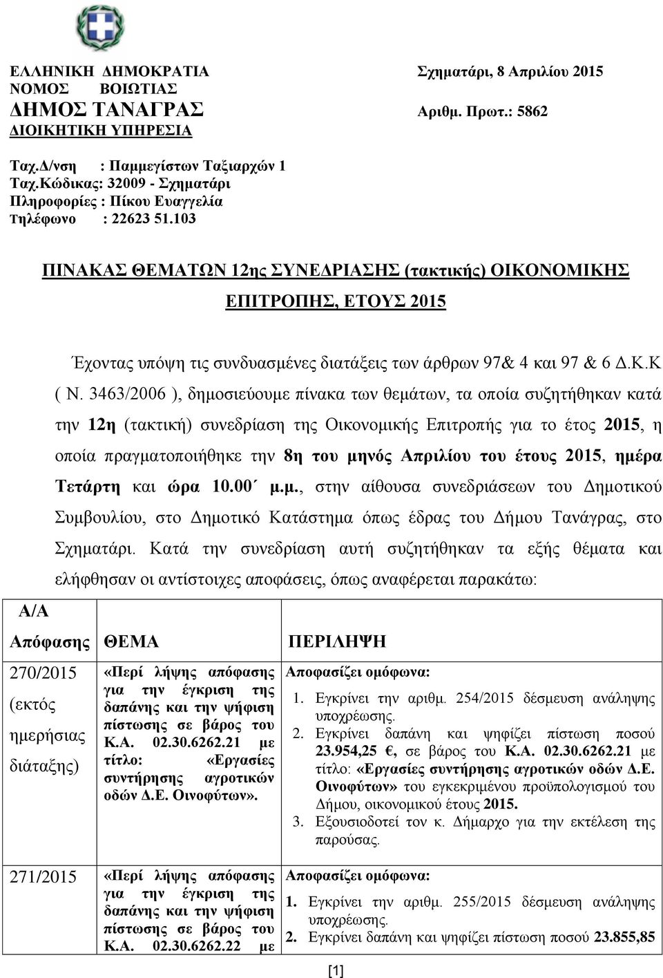 103 ΠΗΝΑΚΑ ΘΔΜΑΣΧΝ 12εο ΤΝΔΓΡΗΑΖ (ηαθηηθήο) ΟΗΚΟΝΟΜΗΚΖ ΔΠΗΣΡΟΠΖ, ΔΣΟΤ 2015 Α/Α Έρνληαο ππόςε ηηο ζπλδπαζκέλεο δηαηάμεηο ησλ άξζξσλ 97& 4 θαη 97 & 6 Γ.Κ.Κ ( Ν.