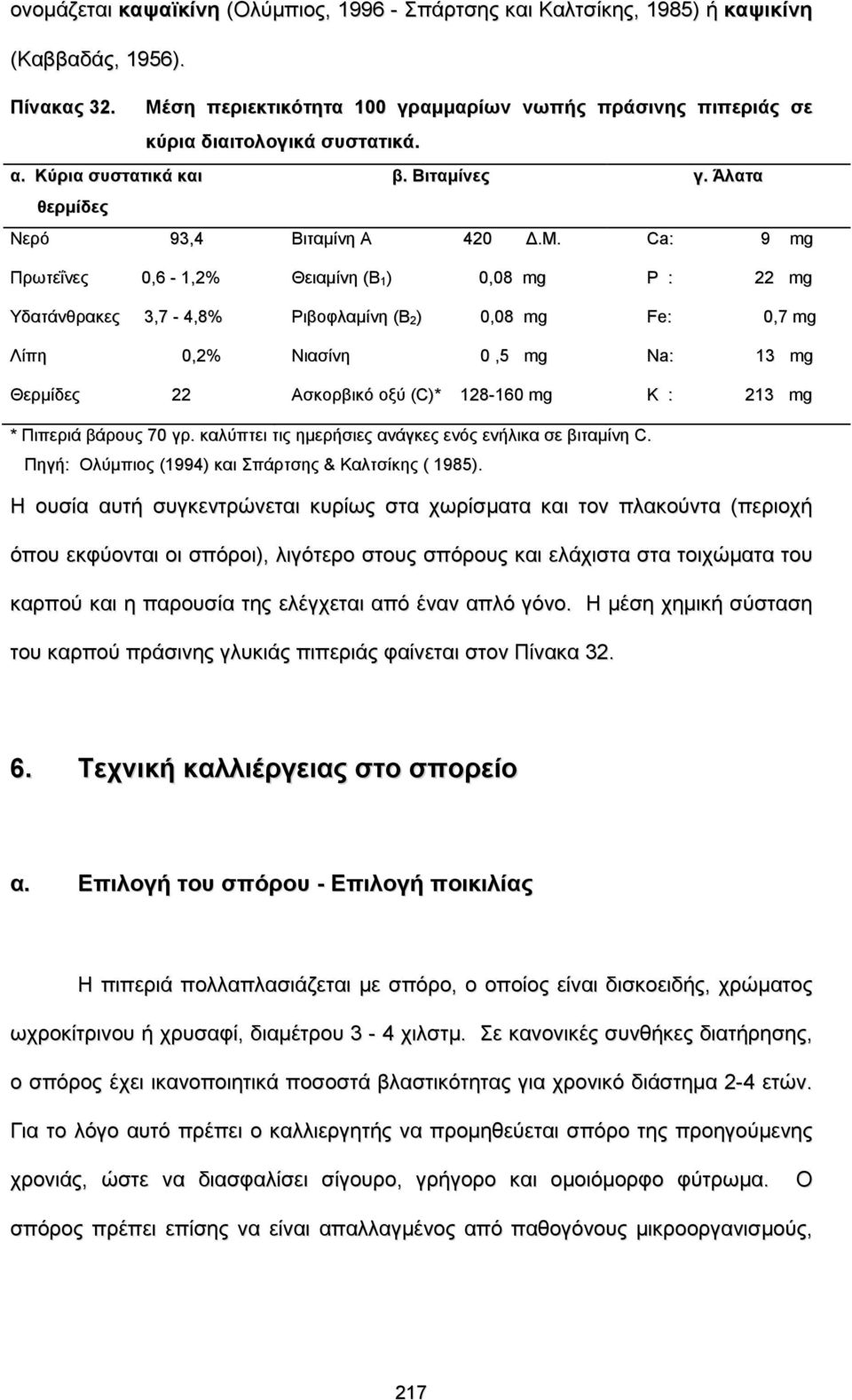 0,6-1,2% Θειαμίνη (Β 1) 0,08 mg P : 22 mg Υδατάνθρακες 3,7-4,8% Ριβοφλαμίνη (Β 2) 0,08 mg Fe: 0,7 mg Λίπη 0,2% Νιασίνη 0,5 mg Na: 13 mg Θερμίδες 22 Ασκορβικό οξύ (C)* 128-160 mg K : 213 mg * Πιπεριά