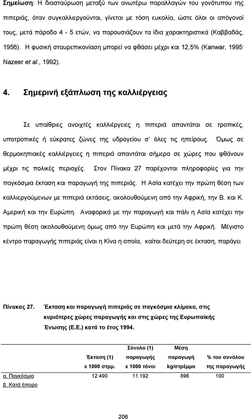 Σημερινή εξάπλωση της καλλιέργειας Σε υπαίθριες ανοιχτές καλλιέργειες η πιπεριά απαντάται σε τροπικές, υποτροπικές ή εύκρατες ζώνες της υδρογείου σ όλες τις ηπείρους.