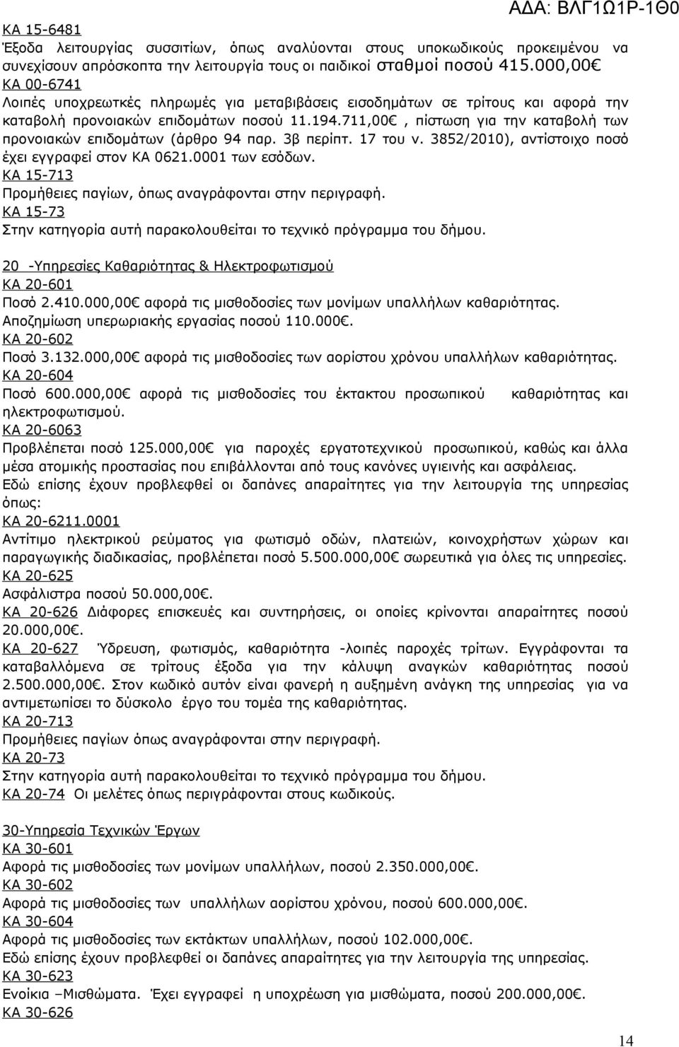 711,00, πίστωση για την καταβολή των προνοιακών επιδομάτων (άρθρο 94 παρ. 3β περίπτ. 17 του ν. 3852/2010), αντίστοιχο ποσό έχει εγγραφεί στον ΚΑ 0621.0001 των εσόδων.