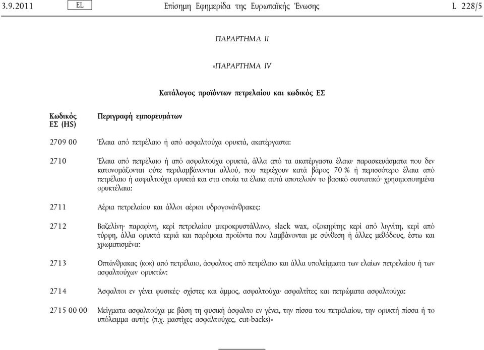 κατά βάρος 70 % ή περισσότερο έλαια από πετρέλαιο ή ασφαλτούχα ορυκτά και στα οποία τα έλαια αυτά αποτελούν το βασικό συστατικό χρησιμοποιημένα ορυκτέλαια: 2711 Αέρια πετρελαίου και άλλοι αέριοι