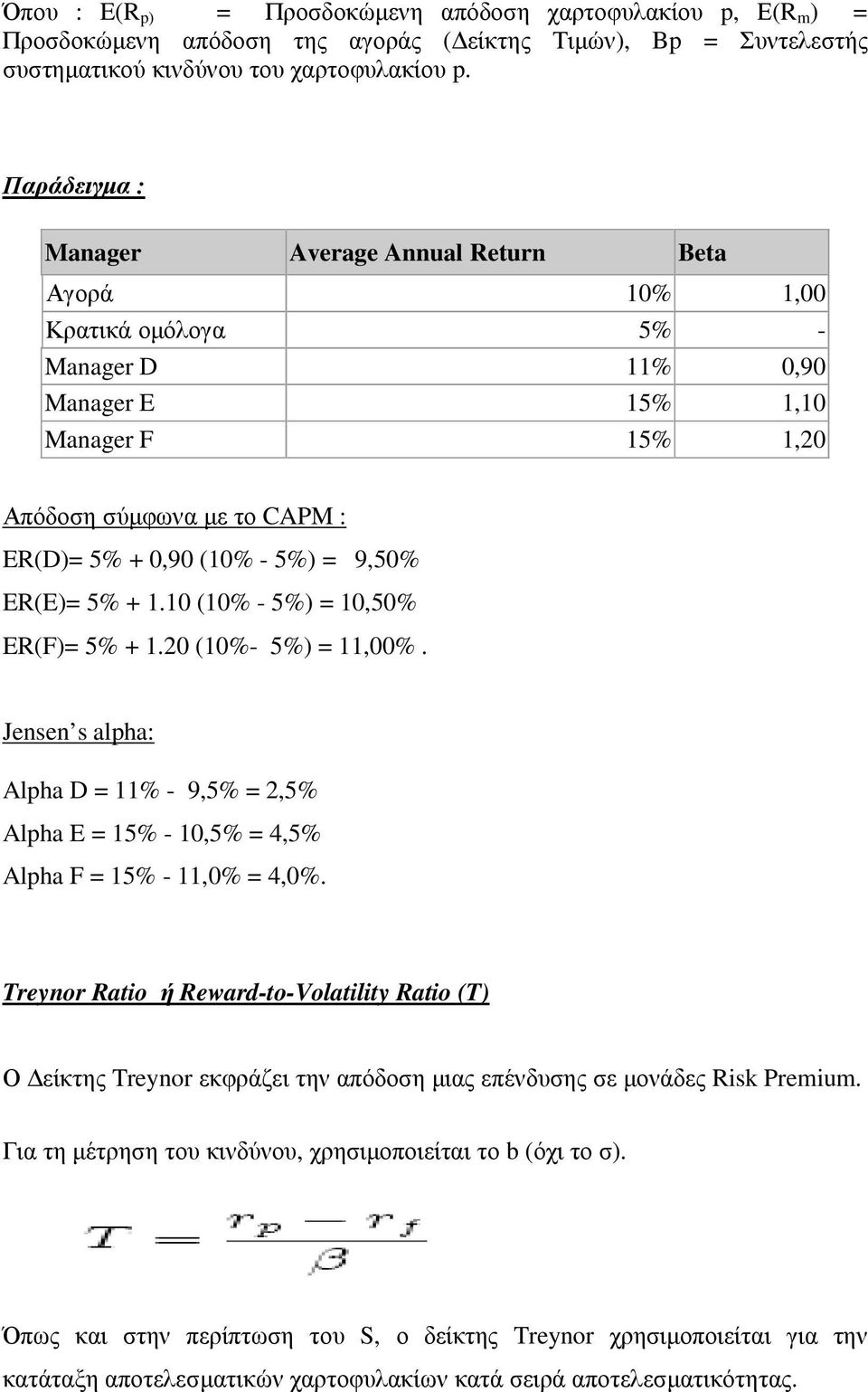 9,50% ER(E)= 5% + 1.10 (10% - 5%) = 10,50% ER(F)= 5% + 1.20 (10%- 5%) = 11,00%. Jensen s alpha: Alpha D = 11% - 9,5% = 2,5% Alpha E = 15% - 10,5% = 4,5% Alpha F = 15% - 11,0% = 4,0%.