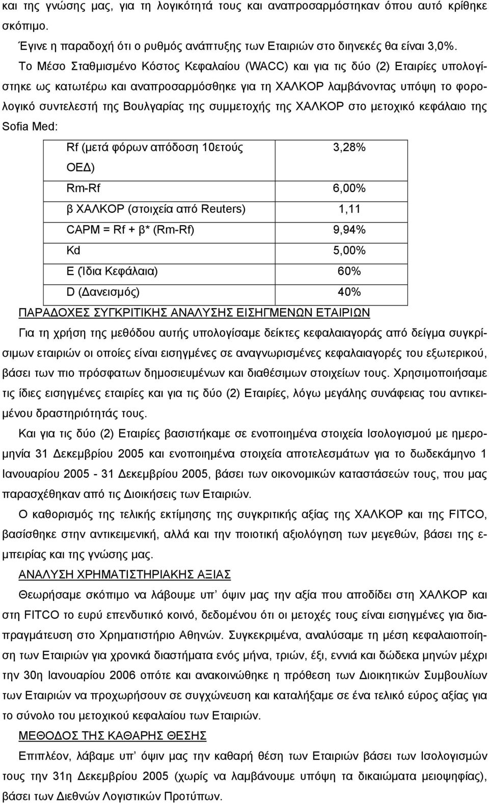 συµµετοχής της ΧΑΛΚΟΡ στο µετοχικό κεφάλαιο της Sofia Med: Rf (µετά φόρων απόδοση 10ετούς 3,28% ΟΕ ) Rm-Rf 6,00% β ΧΑΛΚΟΡ (στοιχεία από Reuters) 1,11 CAPM = Rf + β* (Rm-Rf) 9,94% Kd 5,00% Ε (Ίδια