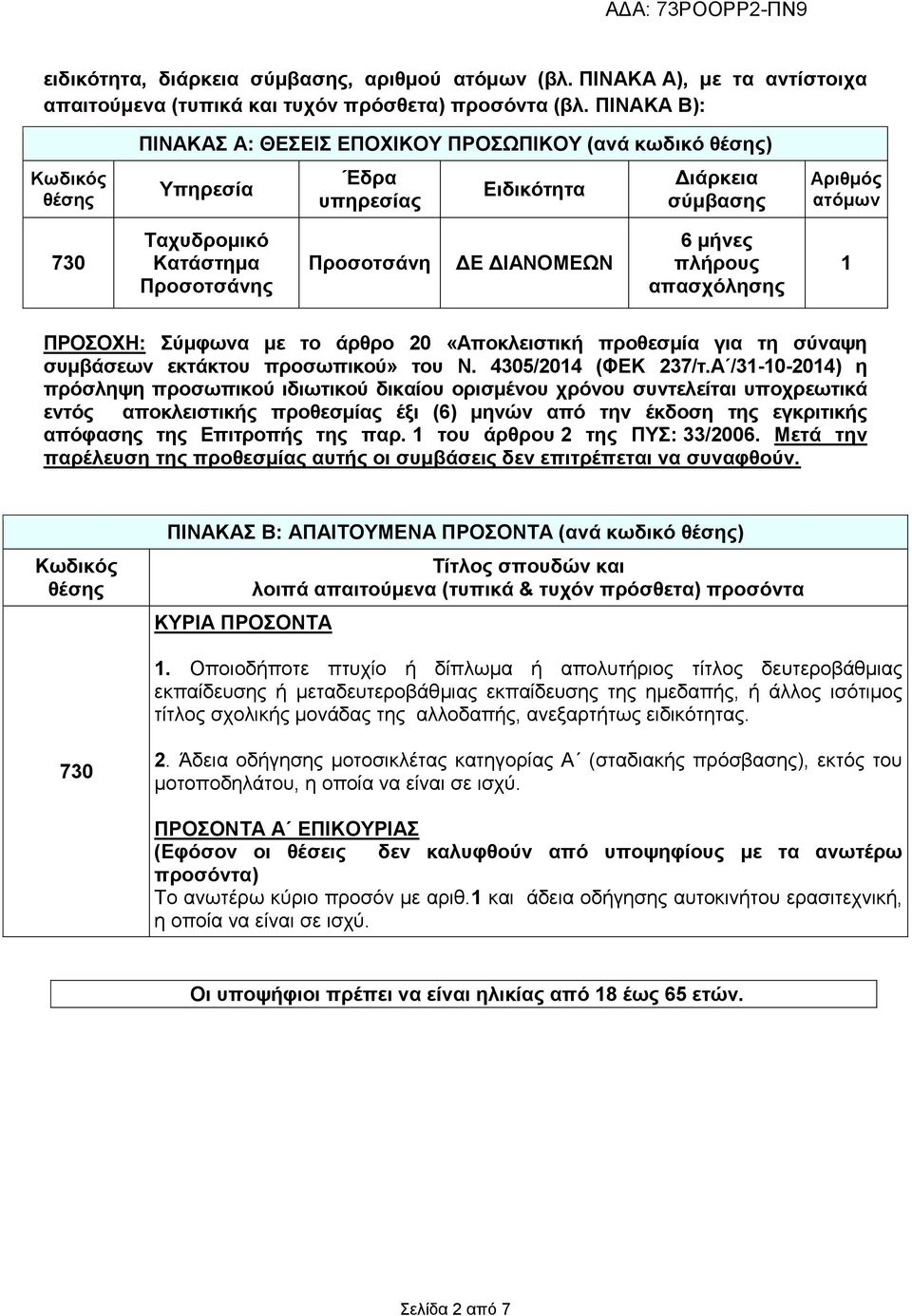 ΓΙΑΝΟΜΔΧΝ 6 κήλεο πιήξνπο απαζρόιεζεο 1 ΠΡΟΟΥΗ: ύκθσλα κε ην άξζξν 20 «Απνθιεηζηηθή πξνζεζκία γηα ηε ζύλαςε ζπκβάζεσλ εθηάθηνπ πξνζσπηθνύ» ηνπ Ν. 4305/2014 (ΦΔΚ 237/η.