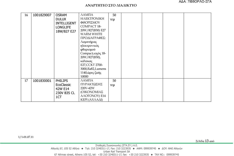 ηλεκτρονικός φθορισμού Compact,ισχύς 18-20W/827(830), κάλυκας Ε27,CCKT 2700-3000,Ra82,Lumens