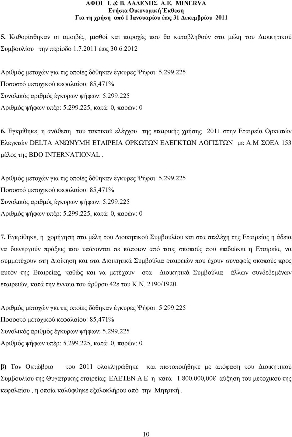 Εγκρίθηκε, η ανάθεση του τακτικού ελέγχου της εταιρικής χρήσης 2011 στην Εταιρεία Ορκωτών Ελεγκτών DELTA ΑΝΩΝΥΜΗ ΕΤΑΙΡΕΙΑ ΟΡΚΩΤΩΝ ΕΛΕΓΚΤΩΝ ΛΟΓΙΣΤΩΝ µε Α.Μ ΣΟΕΛ 153 µέλος της BDO INTERNATIONAL.