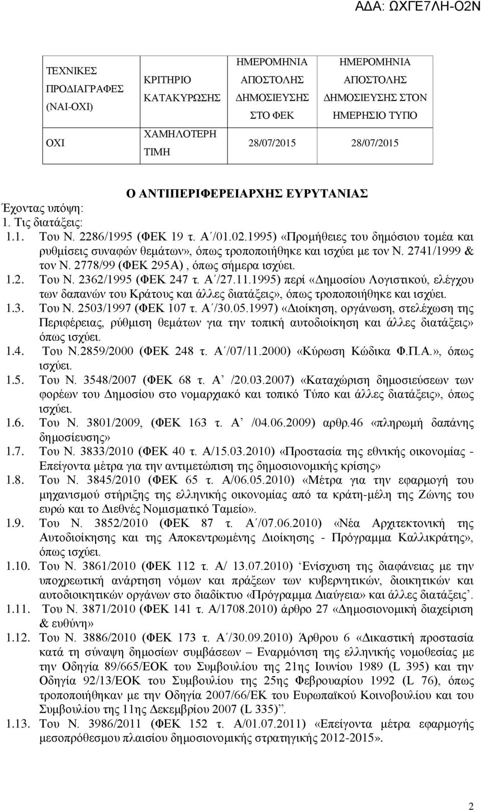 2741/1999 & τον Ν. 2778/99 (ΦΕΚ 295Α), όπως σήμερα ισχύει. 1.2. Του Ν. 2362/1995 (ΦΕΚ 247 τ. Α /27.11.