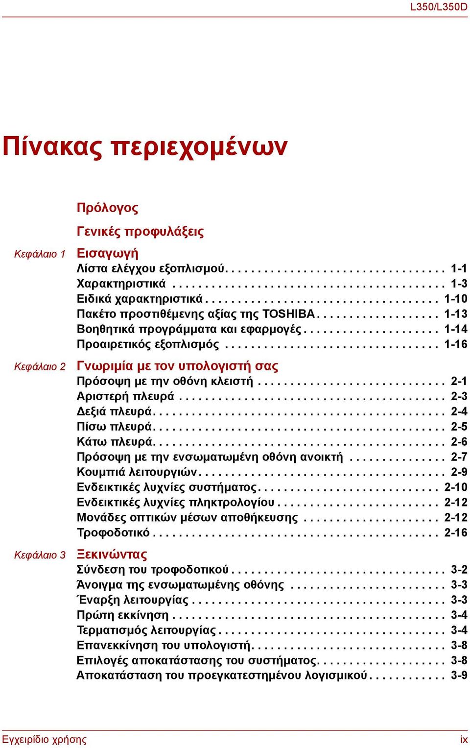 ................................ 1-16 Γνωριμία με τον υπολογιστή σας Πρόσοψη με την οθόνη κλειστή............................. 2-1 Αριστερή πλευρά......................................... 2-3 Δεξιά πλευρά.