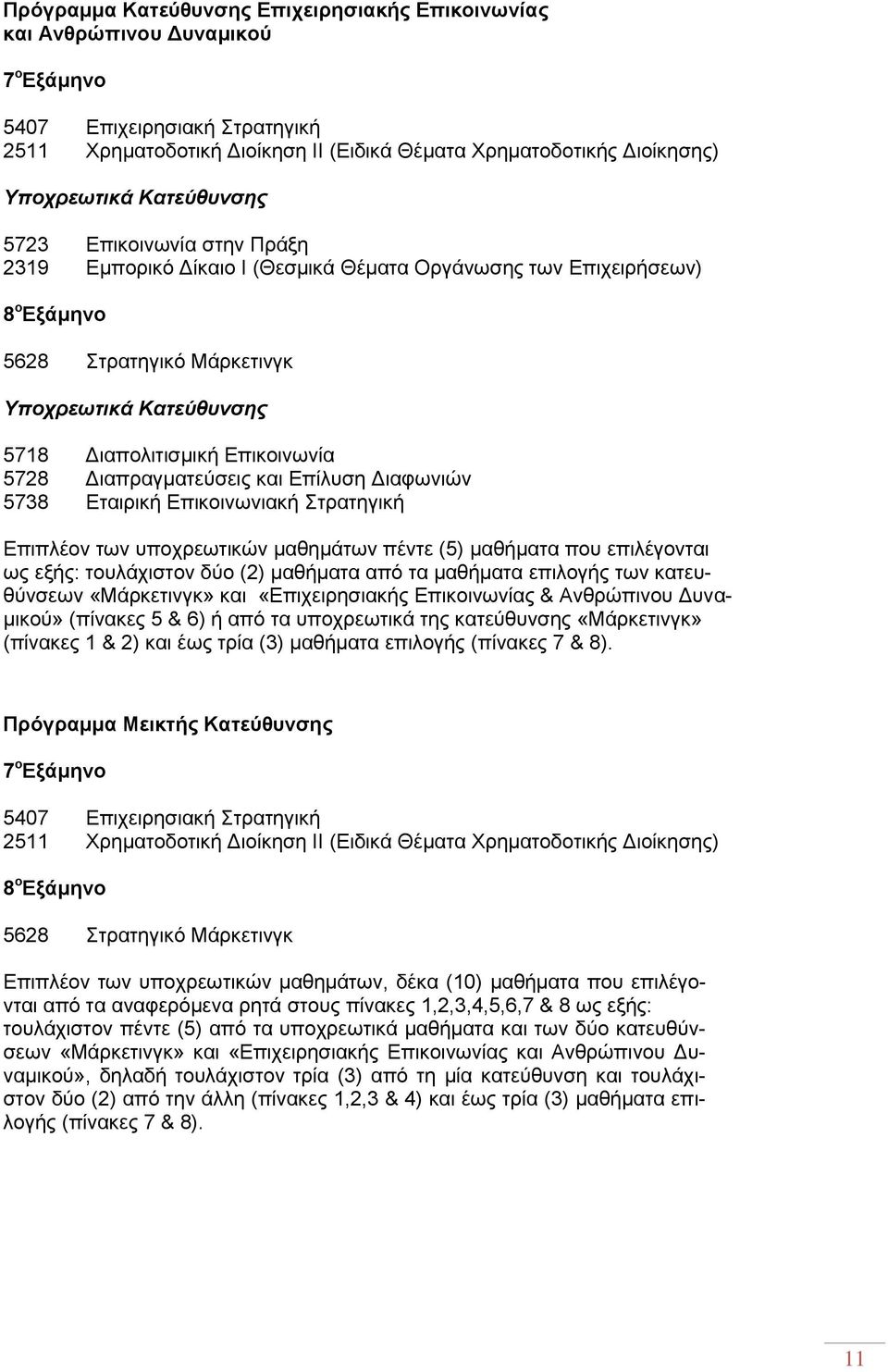 Δπηθνηλσλία 5728 Γηαπξαγκαηεχζεηο θαη Δπίιπζε Γηαθσληψλ 5738 Δηαηξηθή Δπηθνηλσληαθή ηξαηεγηθή Δπηπιένλ ησλ ππνρξεσηηθψλ καζεκάησλ πέληε (5) καζήκαηα πνπ επηιέγνληαη σο εμήο: ηνπιάρηζηνλ δχν (2)