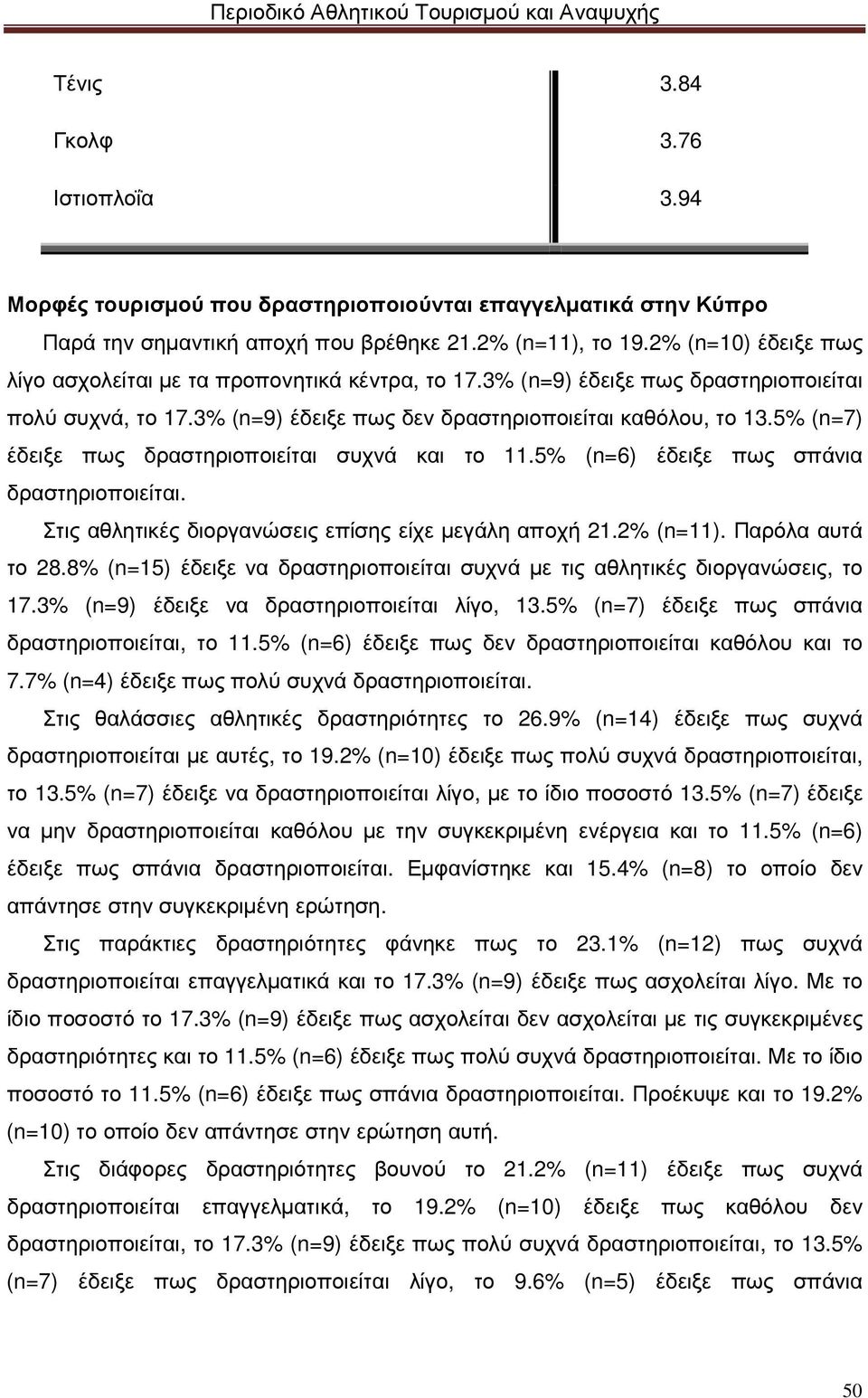 5% (n=7) έδειξε πως δραστηριοποιείται συχνά και το 11.5% (n=6) έδειξε πως σπάνια δραστηριοποιείται. Στις αθλητικές διοργανώσεις επίσης είχε µεγάλη αποχή 21.2% (n=11). Παρόλα αυτά το 28.