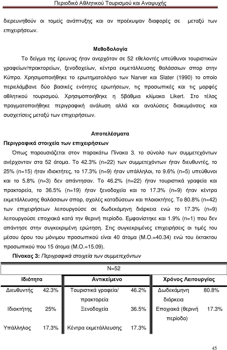 Χρησιµοποιήθηκε το ερωτηµατολόγιο των Narver και Slater (1990) το οποίο περιελάµβανε δύο βασικές ενότητες ερωτήσεων, τις προσωπικές και τις µορφές αθλητικού τουρισµού.