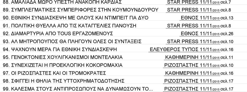 ΔΙΑΜΑΡΤΥΡΙΑ ΑΠΟ TOUS ΕΡΓΑΖΟΜΕΝΟΥΣ ΕΘΝΟΣ 11/11/2015 σελ.26 93. AΛ ΜΗΤΡΟΠΟΥΠΟΣ ΘΑ ΠΛΗΓΟΥΝ ΟΛΕΣ ΟΙ ΣΥΝΤΑΞΕΙΣ STAR PRESS 11/11/2015 σελ.10 94.