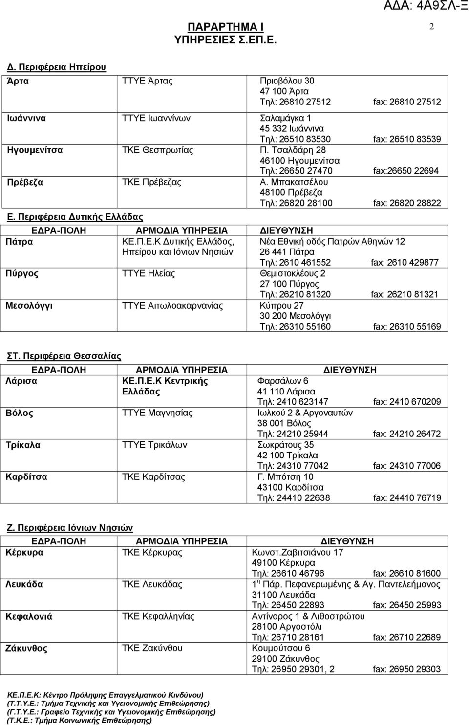 Θεσπρωτίας Π. Τσαλδάρη 8 46100 Ηγουµενίτσα Τηλ: 6650 7470 fax:6650 694 Πρέβεζα ΤΚΕ Πρέβεζας Α. Μπακατσέλου 48100 Πρέβεζα Τηλ: 680 8100 fax: 680 88 Ε.