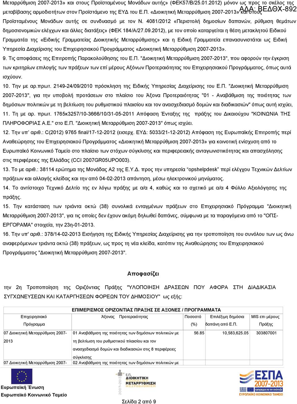 2012), με τον οποίο καταργείται η θέση μετακλητού Ειδικού Γραμματέα της «Ειδικής Γραμματείας Διοικητικής Μεταρρύθμισης» και η Ειδική Γραμματεία επανασυνιστάται ως Ειδική Υπηρεσία Διαχείρισης του