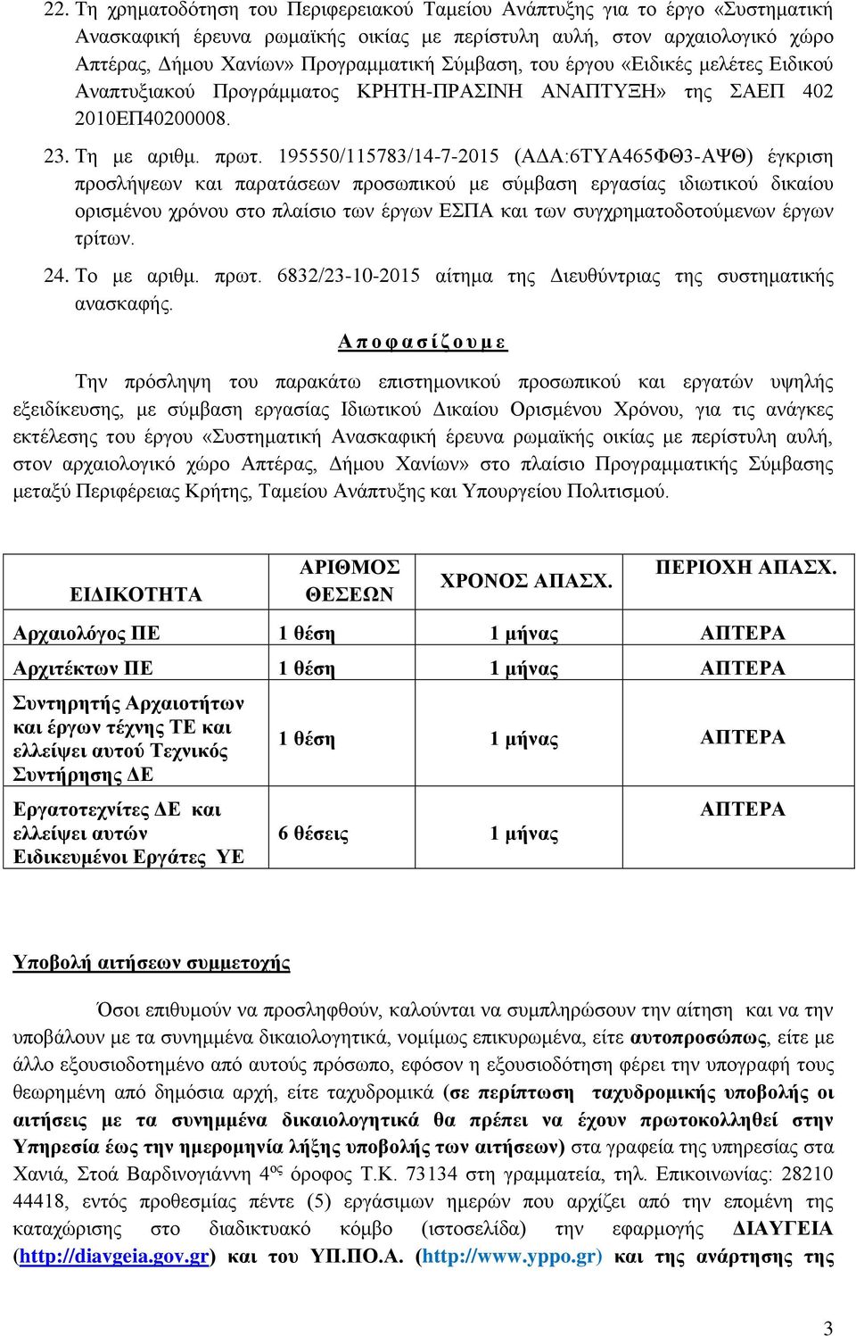 195550/115783/14-7-2015 (ΑΔΑ:6ΤΥΑ465ΦΘ3-ΑΨΘ) έγκριση προσλήψεων και παρατάσεων προσωπικού με σύμβαση εργασίας ιδιωτικού δικαίου ορισμένου χρόνου στο πλαίσιο των έργων ΕΣΠΑ και των