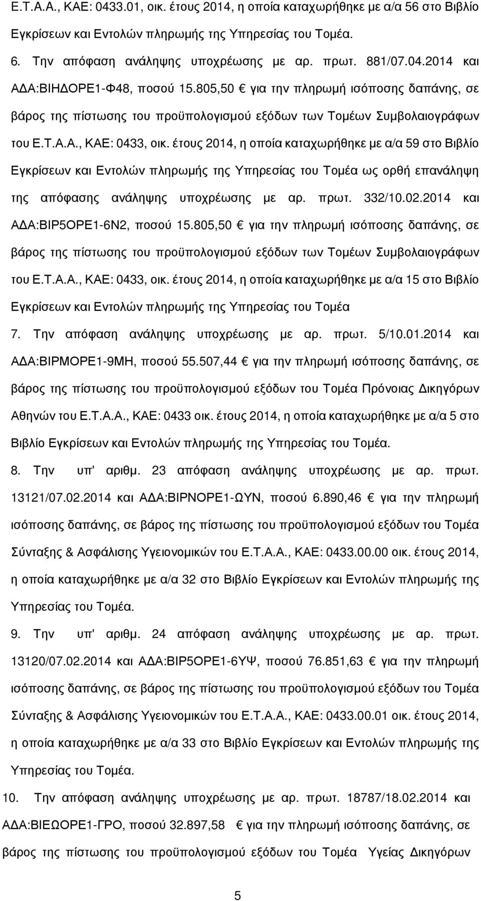 έτους 2014, η οποία καταχωρήθηκε µε α/α 59 στο Βιβλίο Εγκρίσεων και Εντολών πληρωµής της Υπηρεσίας του Τοµέα ως ορθή επανάληψη της απόφασης ανάληψης υποχρέωσης µε αρ. πρωτ. 332/10.02.