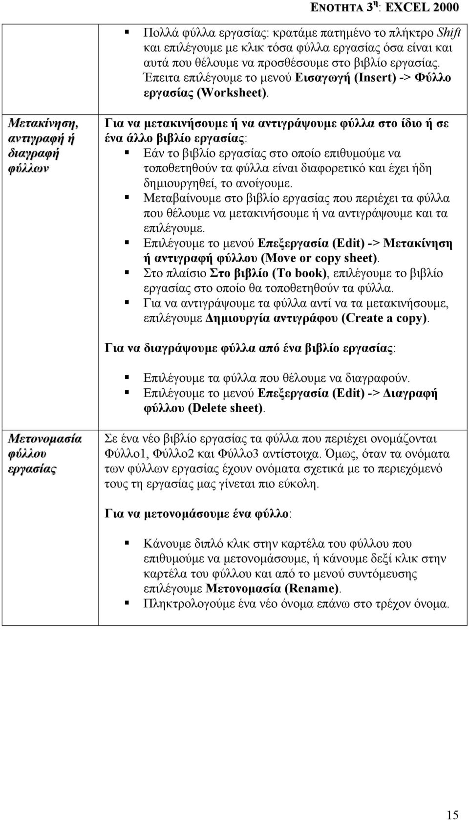 Μετακίνηση, αντιγραφή ή διαγραφή φύλλων Για να µετακινήσουµε ή να αντιγράψουµε φύλλα στο ίδιο ή σε ένα άλλο βιβλίο εργασίας: Εάν το βιβλίο εργασίας στο οποίο επιθυµούµε να τοποθετηθούν τα φύλλα είναι