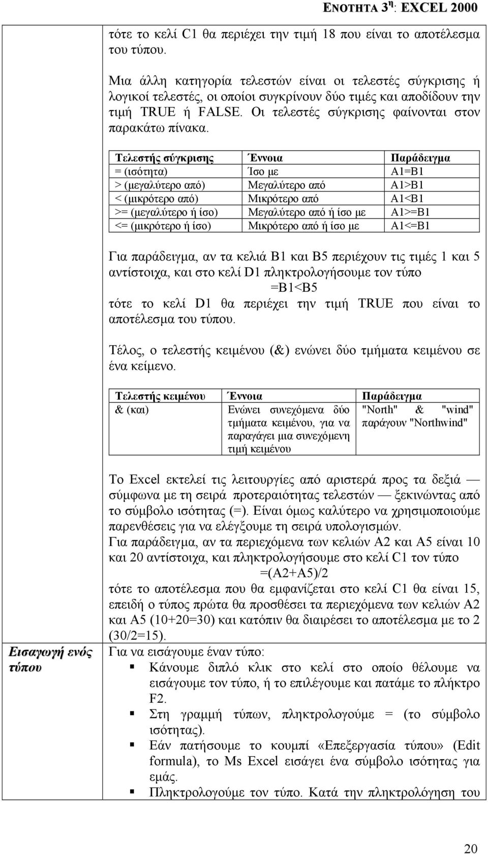 Τελεστής σύγκρισης Έννοια Παράδειγµα = (ισότητα) Ίσο µε A1=B1 > (µεγαλύτερο από) Μεγαλύτερο από A1>B1 < (µικρότερο από) Μικρότερο από A1<B1 >= (µεγαλύτερο ή ίσο) Μεγαλύτερο από ή ίσο µε A1>=B1 <=