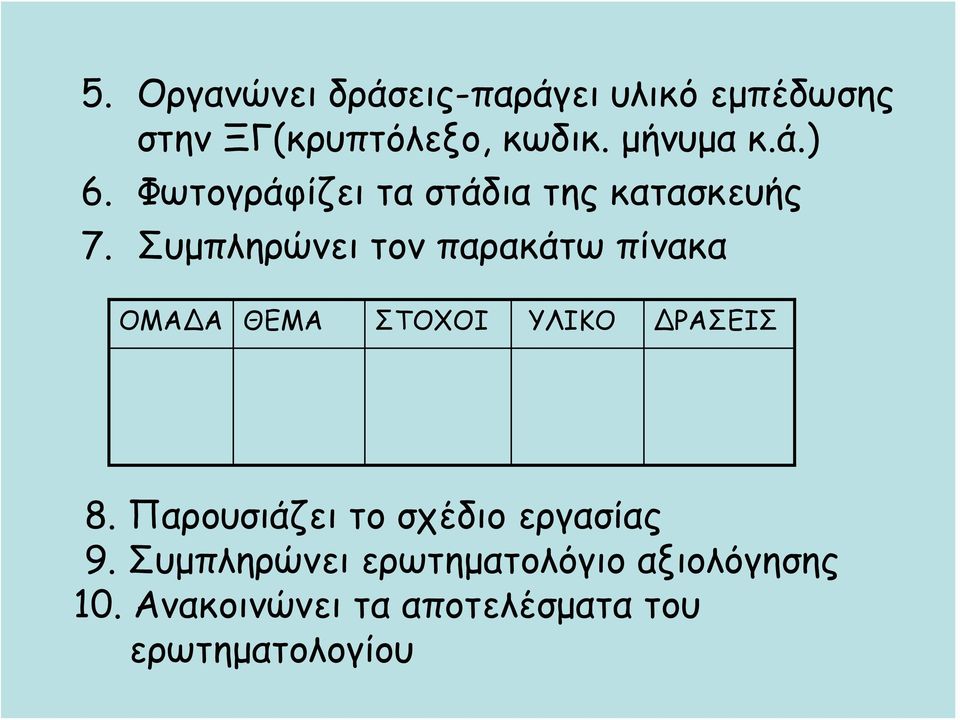 Συμπληρώνει τον παρακάτω πίνακα ΟΜΑ Α ΘΕΜΑ ΣΤΟΧΟΙ ΥΛΙΚΟ ΡΑΣΕΙΣ 8.