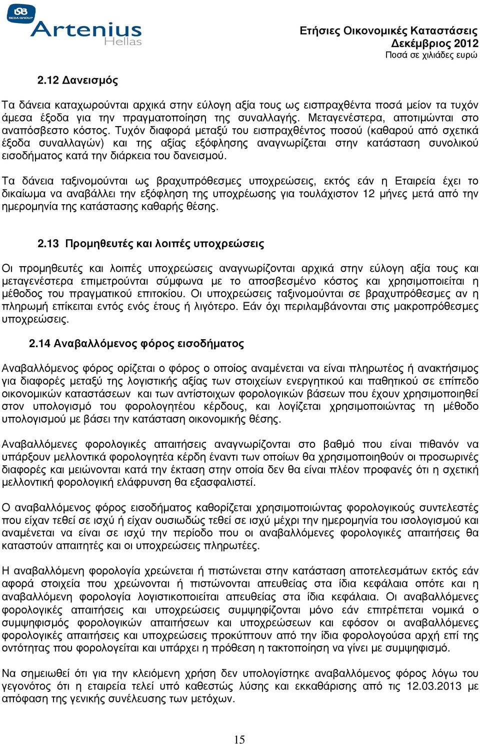 Τυχόν διαφορά µεταξύ του εισπραχθέντος ποσού (καθαρού από σχετικά έξοδα συναλλαγών) και της αξίας εξόφλησης αναγνωρίζεται στην κατάσταση συνολικού εισοδήµατος κατά την διάρκεια του δανεισµού.