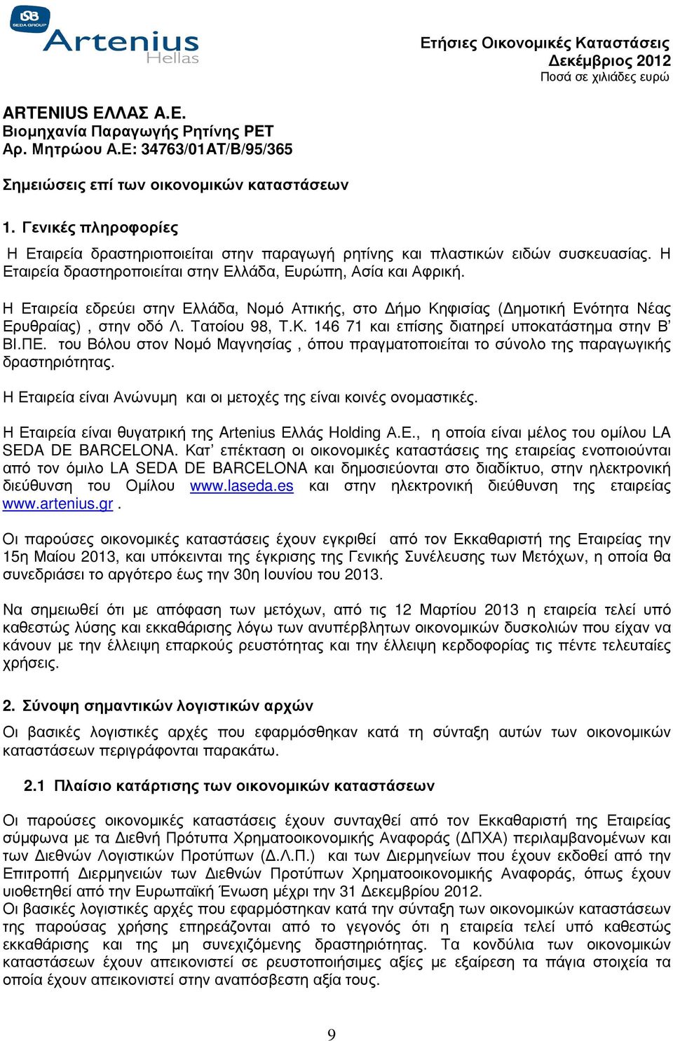 Η Εταιρεία εδρεύει στην Ελλάδα, Νοµό Αττικής, στο ήµο Κηφισίας ( ηµοτική Ενότητα Νέας Ερυθραίας), στην οδό Λ. Τατοίου 98, Τ.Κ. 146 71 και επίσης διατηρεί υποκατάστηµα στην Β ΒΙ.ΠΕ.