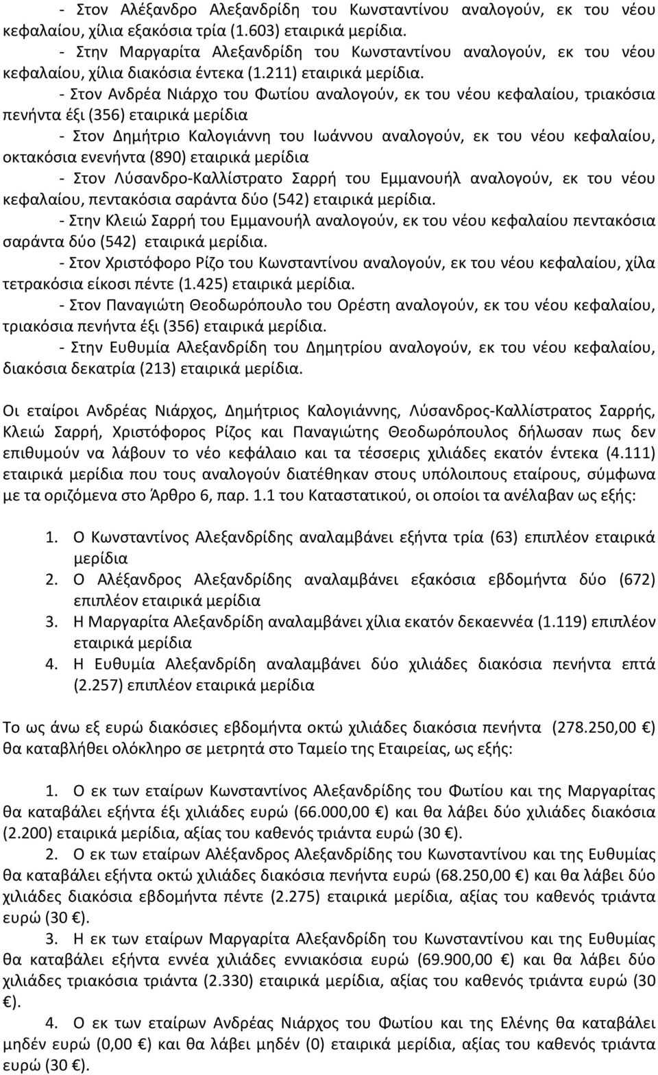 - Στον Ανδρέα Νιάρχο του Φωτίου αναλογούν, εκ του νέου κεφαλαίου, τριακόσια πενήντα έξι (356) εταιρικά μερίδια - Στον Δημήτριο Καλογιάννη του Ιωάννου αναλογούν, εκ του νέου κεφαλαίου, οκτακόσια