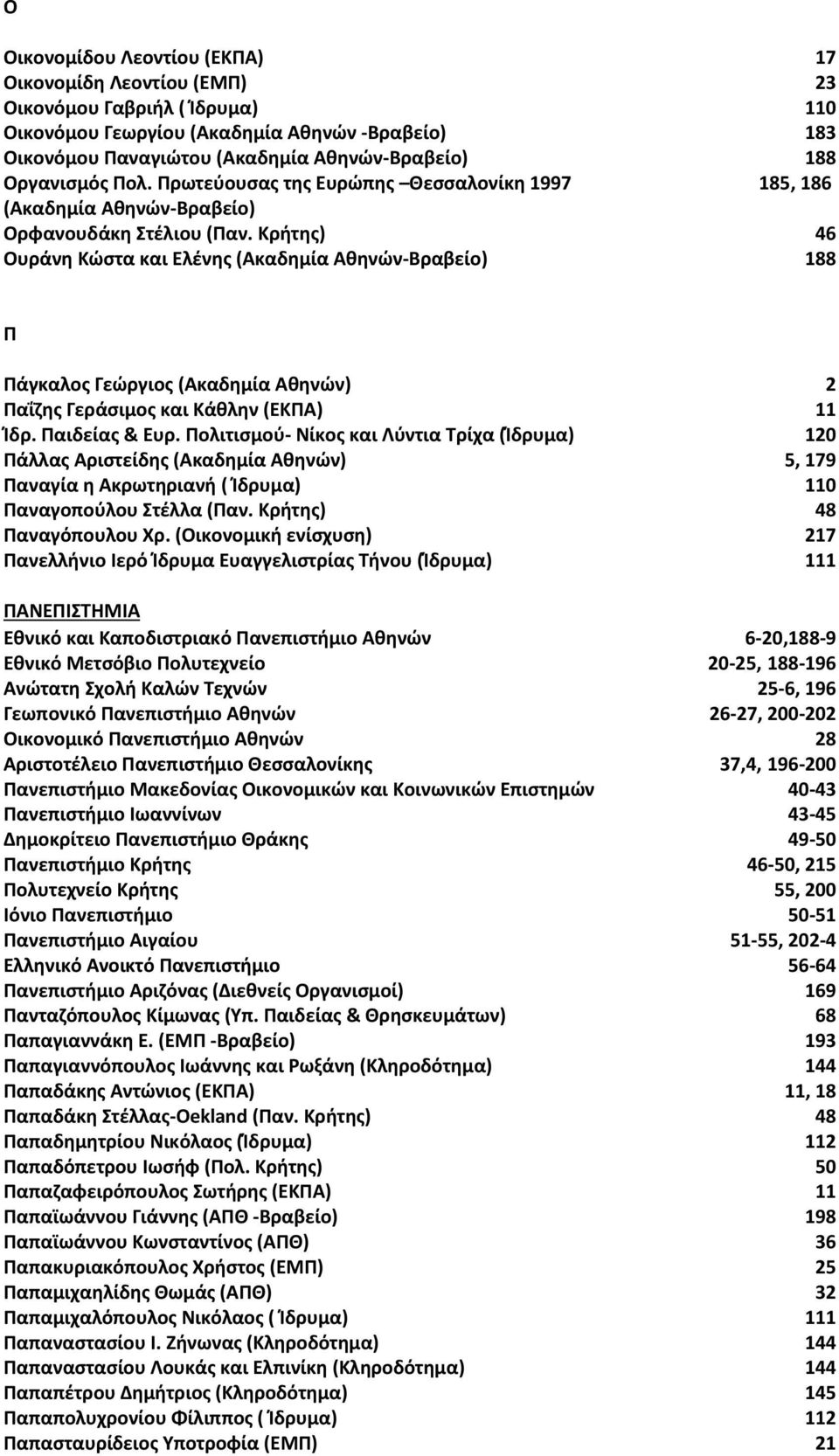 Κρήτης) 46 Ουράνη Κώστα και Ελένης (Ακαδημία Αθηνών Βραβείο) 188 Π Πάγκαλος Γεώργιος (Ακαδημία Αθηνών) 2 Παΐζης Γεράσιμος και Κάθλην (ΕΚΠΑ) 11 Ίδρ. Παιδείας & Ευρ.