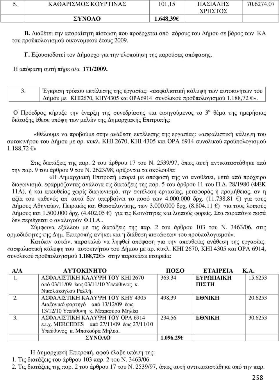 Η απόφαση αυτή πήρε α/α 171/2009. 3. Έγκριση τρόπου εκτέλεσης της εργασίας: «ασφαλιστική κάλυψη των αυτοκινήτων του ήµου µε ΚΗΙ2670, ΚΗΥ4305 και ΟΡΑ6914 συνολικού προϋπολογισµού 1.188,72».