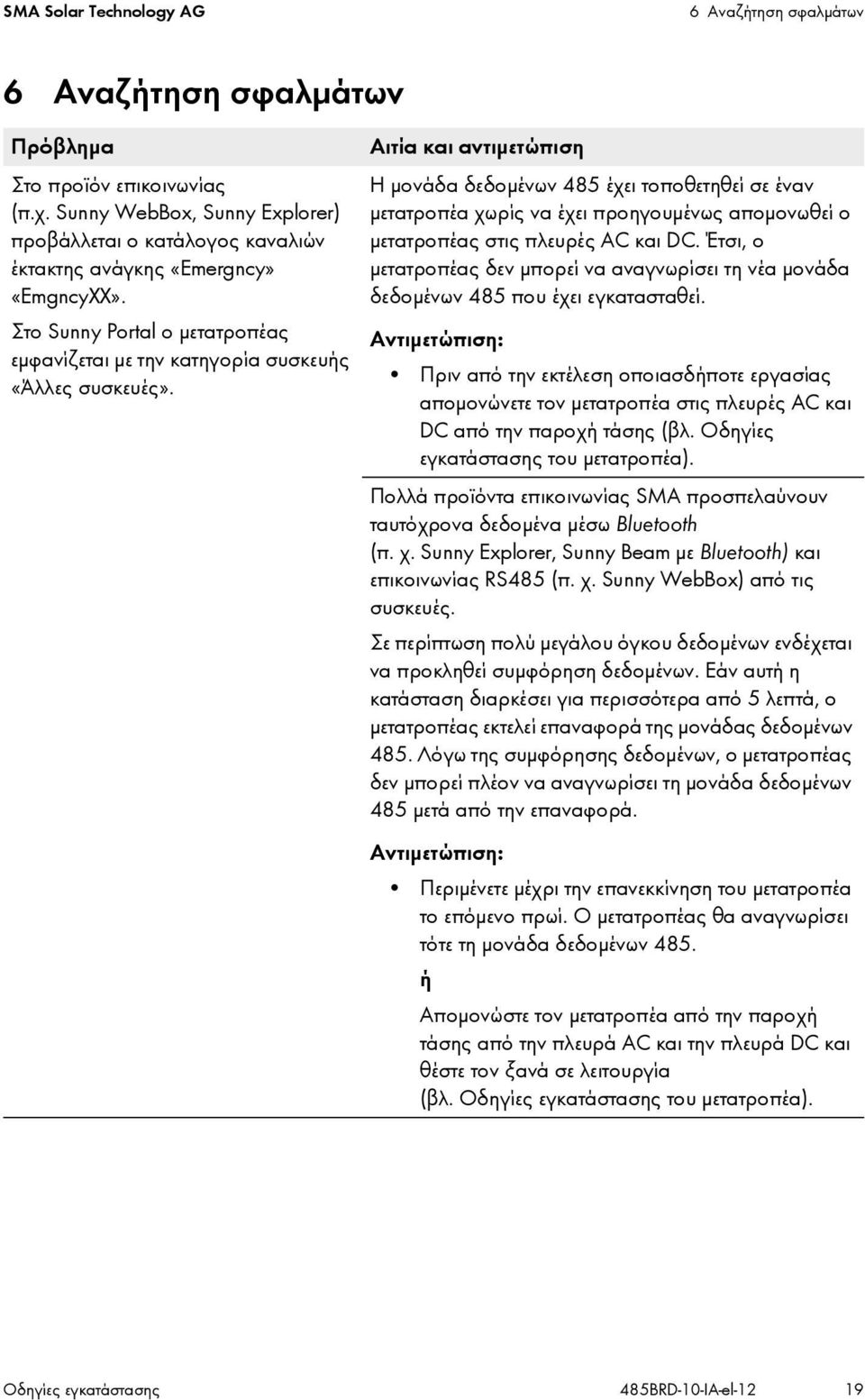 Αιτία και αντιμετώπιση Η μονάδα δεδομένων 485 έχει τοποθετηθεί σε έναν μετατροπέα χωρίς να έχει προηγουμένως απομονωθεί ο μετατροπέας στις πλευρές AC και DC.