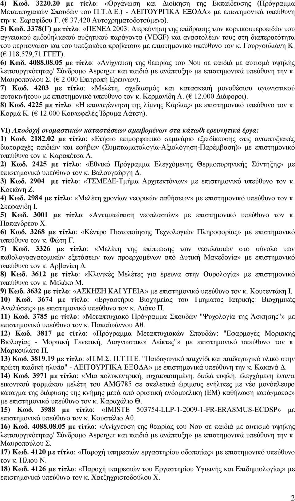 3378(Γ) με τίτλο: «ΠΕΝΕΔ 2003: Διερεύνηση της επίδρασης των κορτικοστεροειδών του αγγειακού εμδοθηλιακού αυξητικού παράγοντα (VEGF) και αναστολέων τους στη διαπερατότητα του περιτοναίου και του