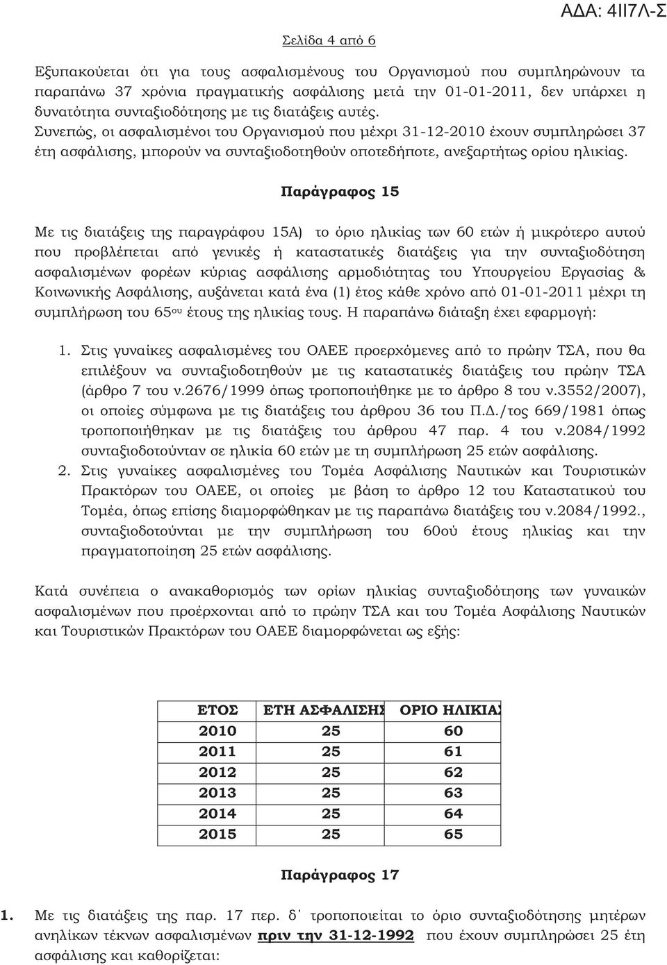 Παράγραφο 15 Με τι διατάξει τη παραγράφου 15Α) το όριο ηλικία των 60 ετών ή μικρότερο αυτού που προβλέπεται από γενικέ ή καταστατικέ διατάξει για την συνταξιοδότηση ασφαλισμένων φορέων κύρια ασφάλιση