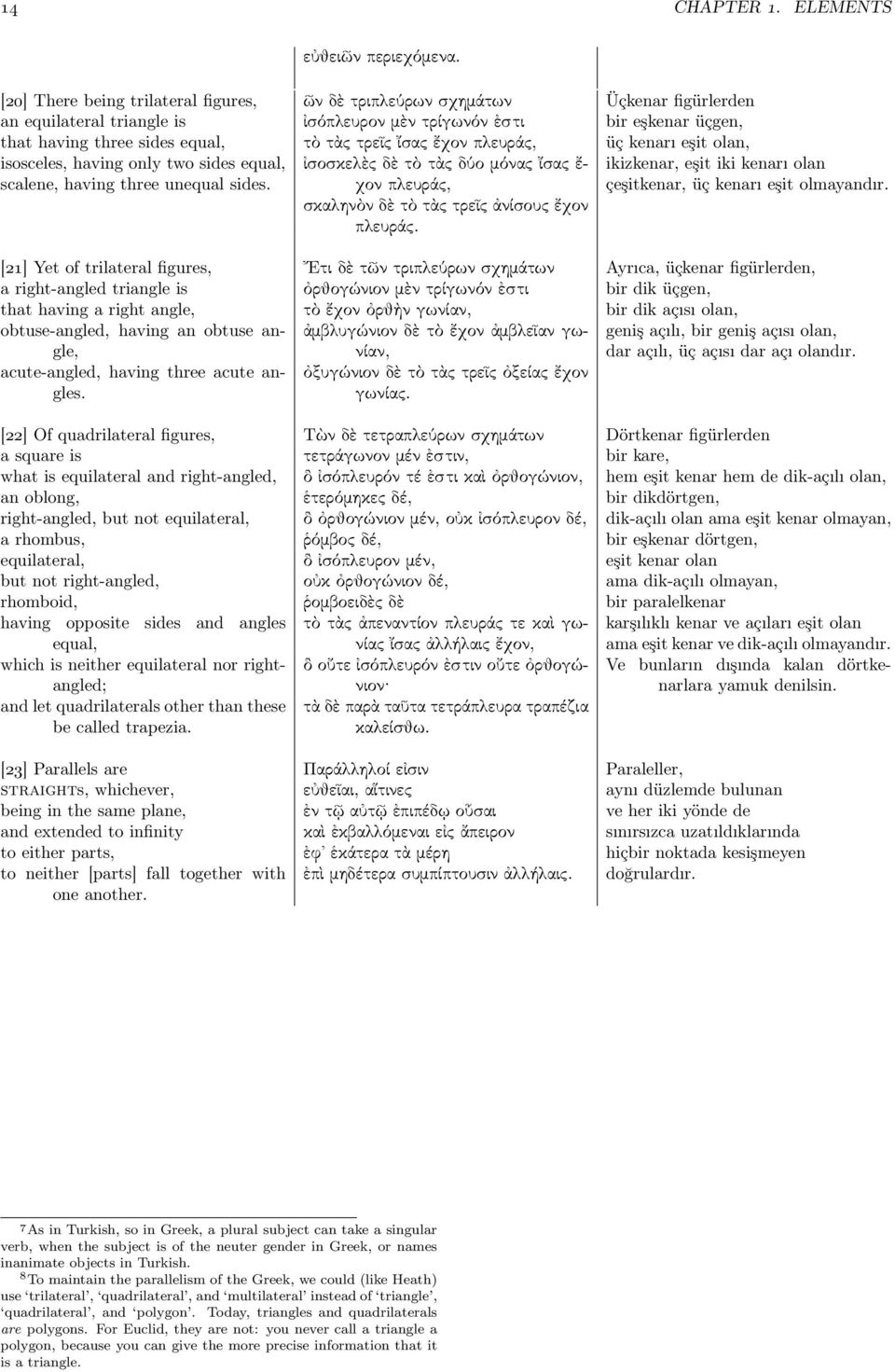 τὸτὰςτρεῖςἴσαςἔχονπλευράς, üç kenarı eşit olan, isosceles, having only two sides equal, ἰσοσκελὲςδὲτὸτὰςδύομόναςἴσαςἔ- ikizkenar, eşit iki kenarı olan scalene, having three unequal sides.