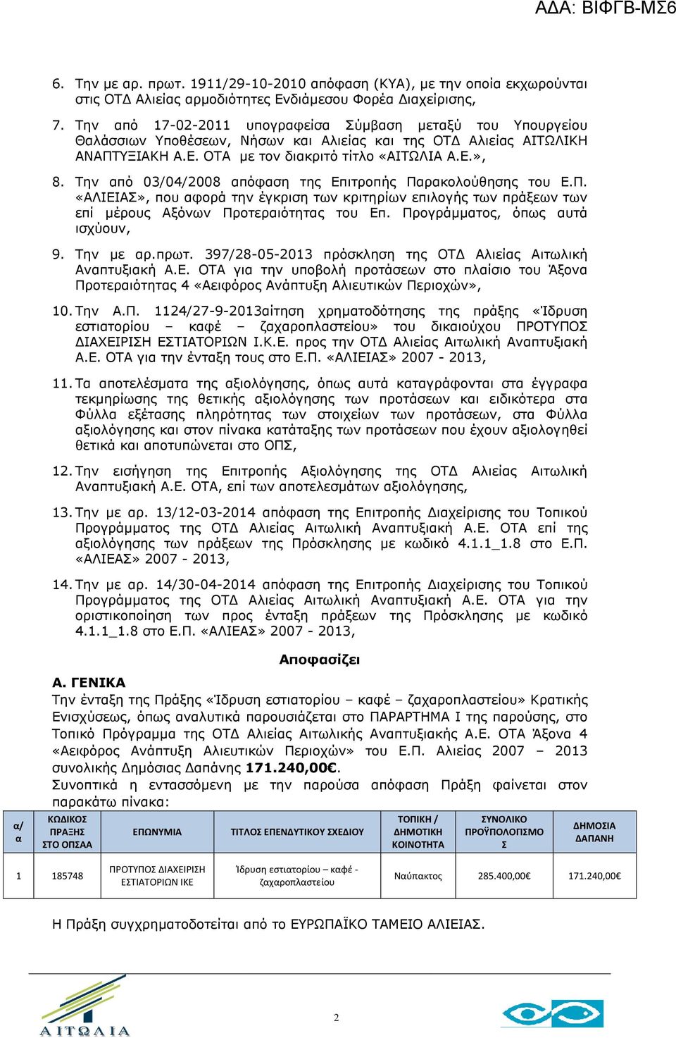 Την από 03/04/2008 απόφαση της Επιτροπής Παρακολούθησης του Ε.Π. «ΑΛΙΕΙΑΣ», που αφορά την έγκριση των κριτηρίων επιλογής των πράξεων των επί μέρους Αξόνων Προτεραιότητας του Επ.