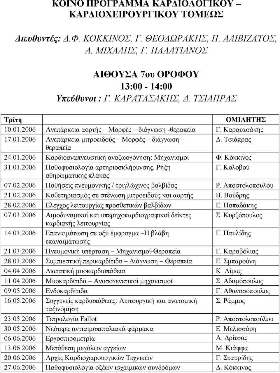 Κόκκινος 31.01.2006 Παθοφυσιολογία αρτηριοσκλήρυνσης. Ρήξη Γ. Κολοβού αθηρωµατικής πλάκας 07.02.2006 Παθήσεις πνευµονικής / τριγλώχινος βαλβίδας Ρ. Αποστολοπούλου 21.02.2006 Καθετηριασµός σε στένωση µιτροειδούς και αορτής Β.