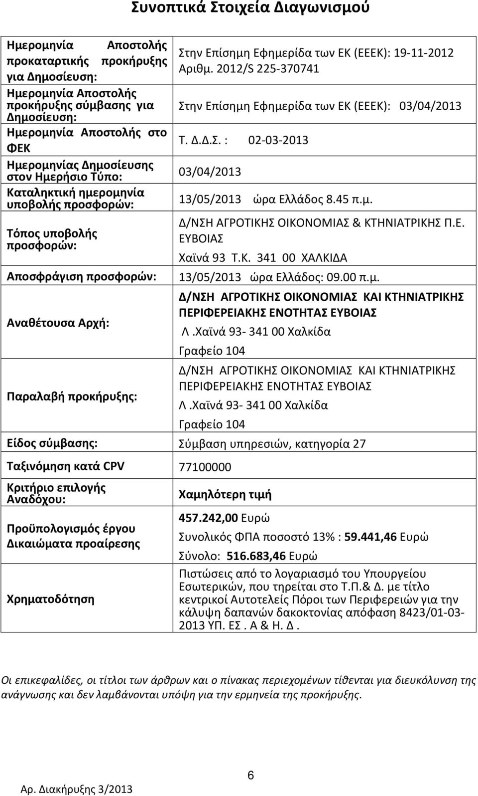 202/S 225-37074 Στην Επίσημη Εφημερίδα των ΕΚ (ΕΕΕΚ): 03/04/203 Τ. Δ.Δ.Σ. : 02-03-203 3/05/203 ώρα Ελλάδος 8.45 π.μ. Δ/ΝΣΗ ΑΓΡΟΤΙΚΗΣ ΟΙΚΟΝΟΜΙΑΣ & ΚΤΗΝΙΑΤΡΙΚΗΣ Π.Ε. ΕΥΒΟΙΑΣ Χαϊνά 93 Τ.Κ. 34 00 ΧΑΛΚΙΔΑ Αποσφράγιση προσφορών: 3/05/203 ώρα Ελλάδος: 09.