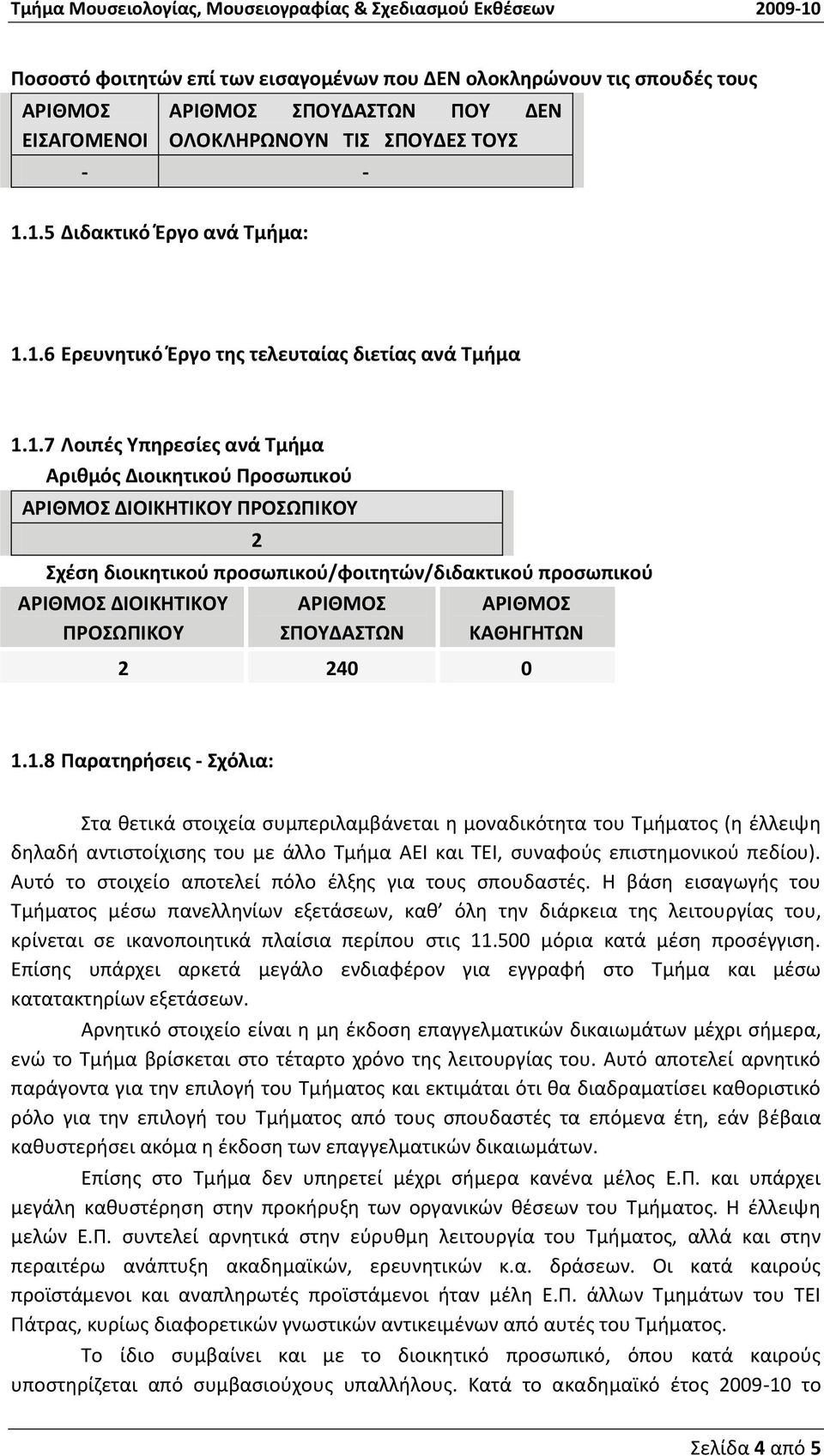 1.1.8 Παρατηρήσεις - Σχόλια: Στα θετικά στοιχεία συμπεριλαμβάνεται η μοναδικότητα του Τμήματος (η έλλειψη δηλαδή αντιστοίχισης του με άλλο Τμήμα ΑΕΙ και ΤΕΙ, συναφούς επιστημονικού πεδίου).