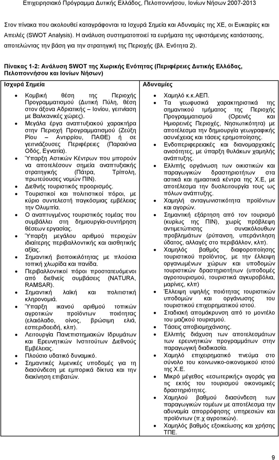 Πίνακας 1-2: Ανάλυση SWOT της Χωρικής Ενότητας (Περιφέρειες υτικής Ελλάδας, Πελοποννήσου και Ιονίων Νήσων) Ισχυρά Σηµεία Κοµβική θέση της Περιοχής Προγραµµατισµού ( υτική Πύλη, θέση στον άξονα