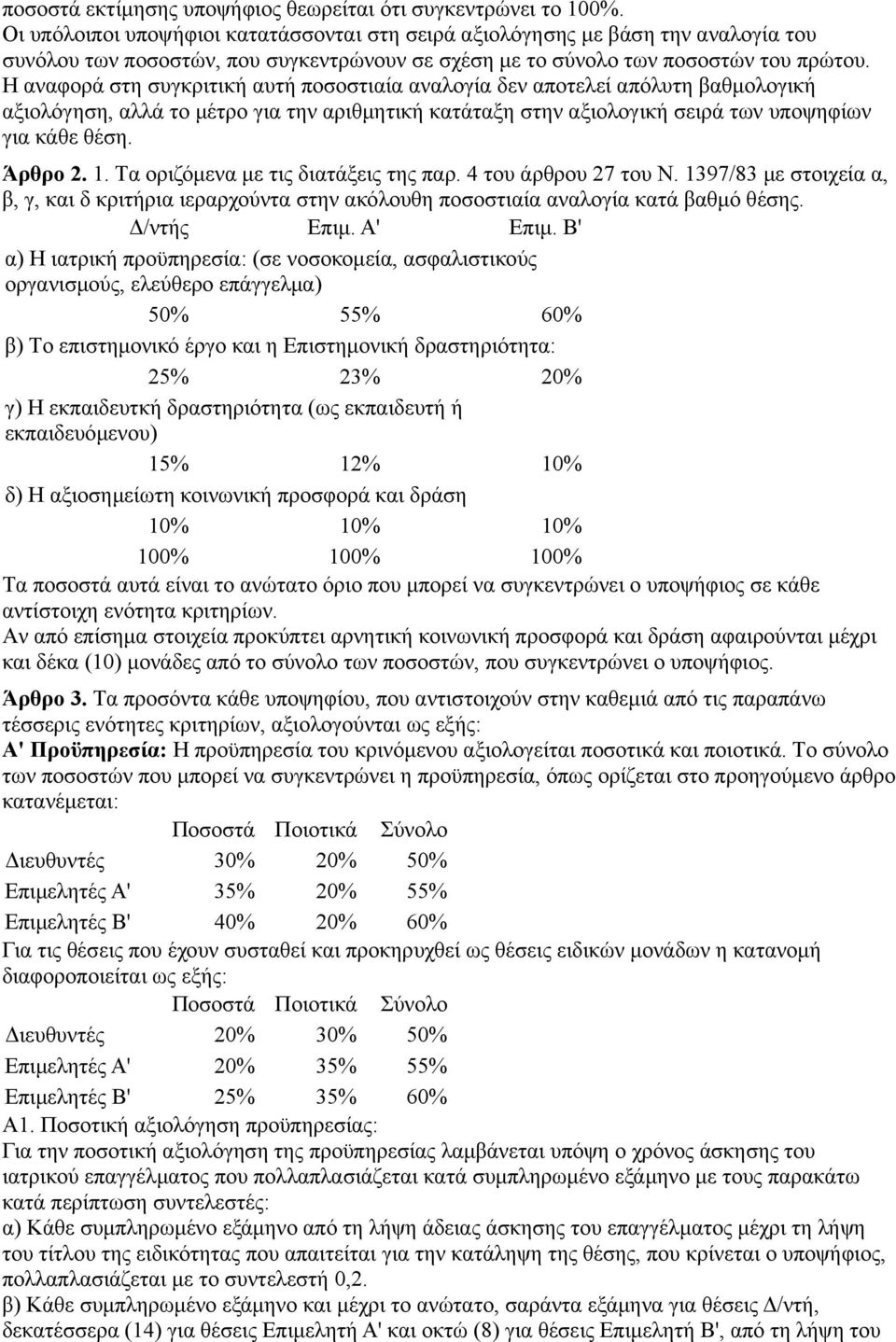 H αναφορά στη συγκριτική αυτή ποσοστιαία αναλογία δεν αποτελεί απόλυτη βαθμολογική αξιολόγηση, αλλά το μέτρο για την αριθμητική κατάταξη στην αξιολογική σειρά των υποψηφίων για κάθε θέση. Άρθρο 2. 1.