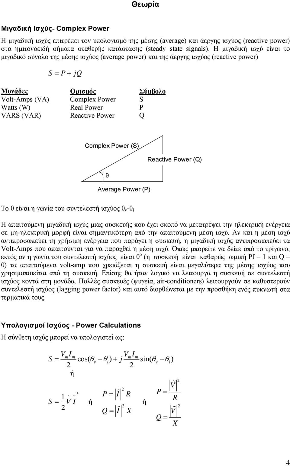 P VARS (VAR) Reactive Power Q Complex Power (S) Reactive Power (Q) θ Average Power (P) Το θ είναι η γωνία του συντελεστή ισχύος θ v -θ i Η απαιτούμενη μιγαδική ισχύς μιας συσκευής που έχει σκοπό να