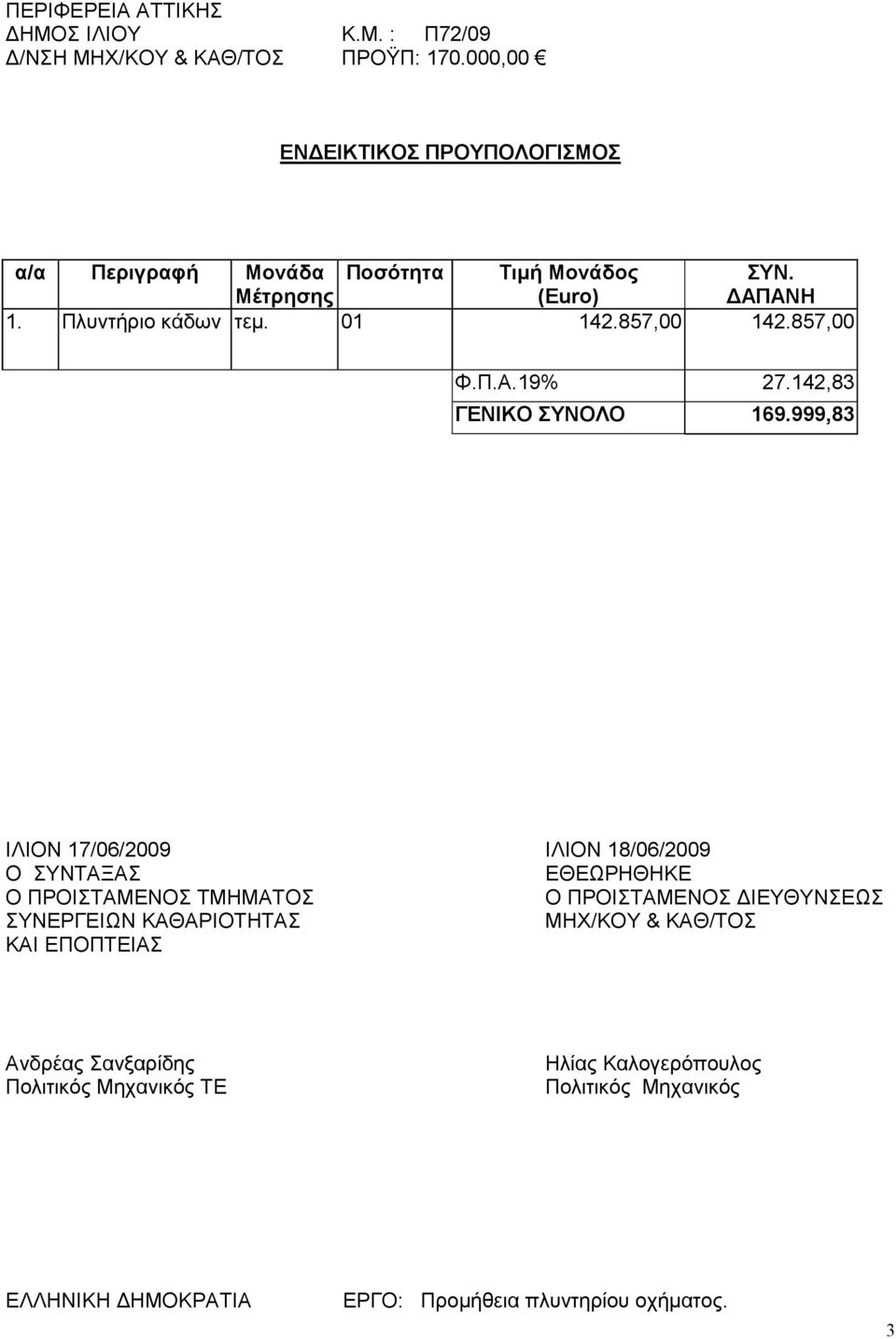857,00 142.857,00 Φ.Π.Α.19% 27.142,83 ΓΕΝΙΚΟ ΣΥΝΟΛΟ 169.