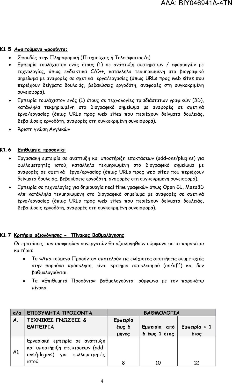 συνεισφορά). Εµπειρία τουλάχιστον ενός (1) έτους σε τεχνολογίες τρισδιάστατων γραφικών (3D),  συνεισφορά). Άριστη γνώση Αγγλικών Κ1.