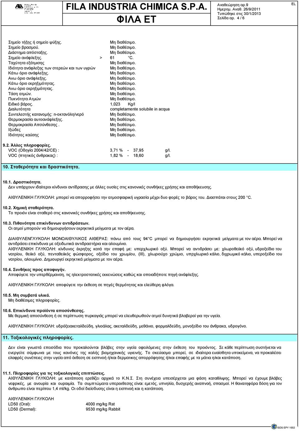 1,023 Kg/l ιαλυτότητα completamente solubile in acqua Συντελεστής κατανοµής: n-οκτανόλη/νερό Θερµοκρασία αυτοανάφλεξης. Θερµοκρασία Απσύνθεσης. Ιξώδες Ιδιότητες καύσης 9.2. Άλλες πληροφορίες.