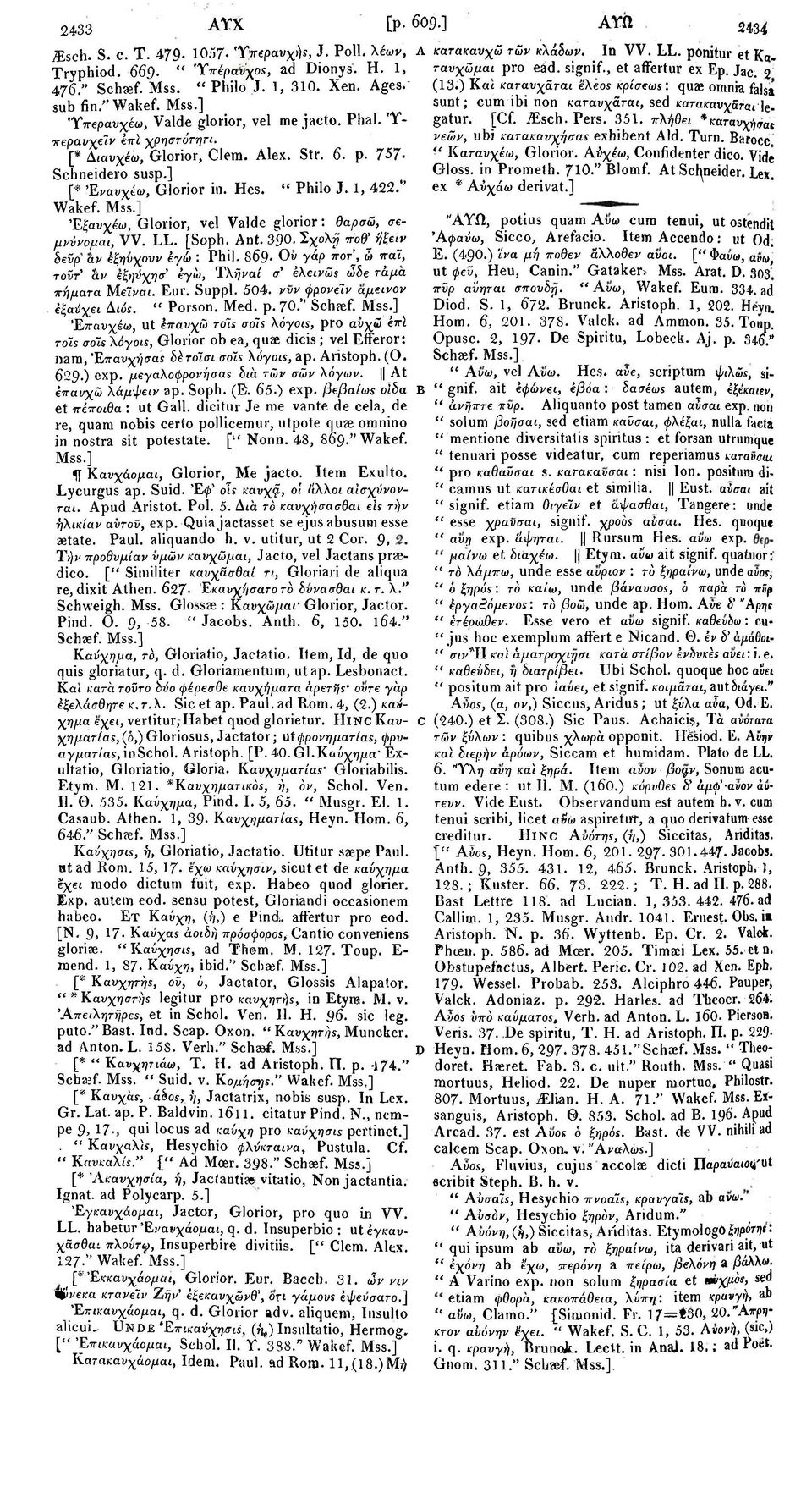 Έξανχέω, Glorior, vel Valde glorior: Θαρσώ, σεμνύνομαι, VV. LL. [Soph. Ant. 390. Σχολ^ ποθ^ξειν δεϋρ αν έξηνχονν έγώ : Phil.