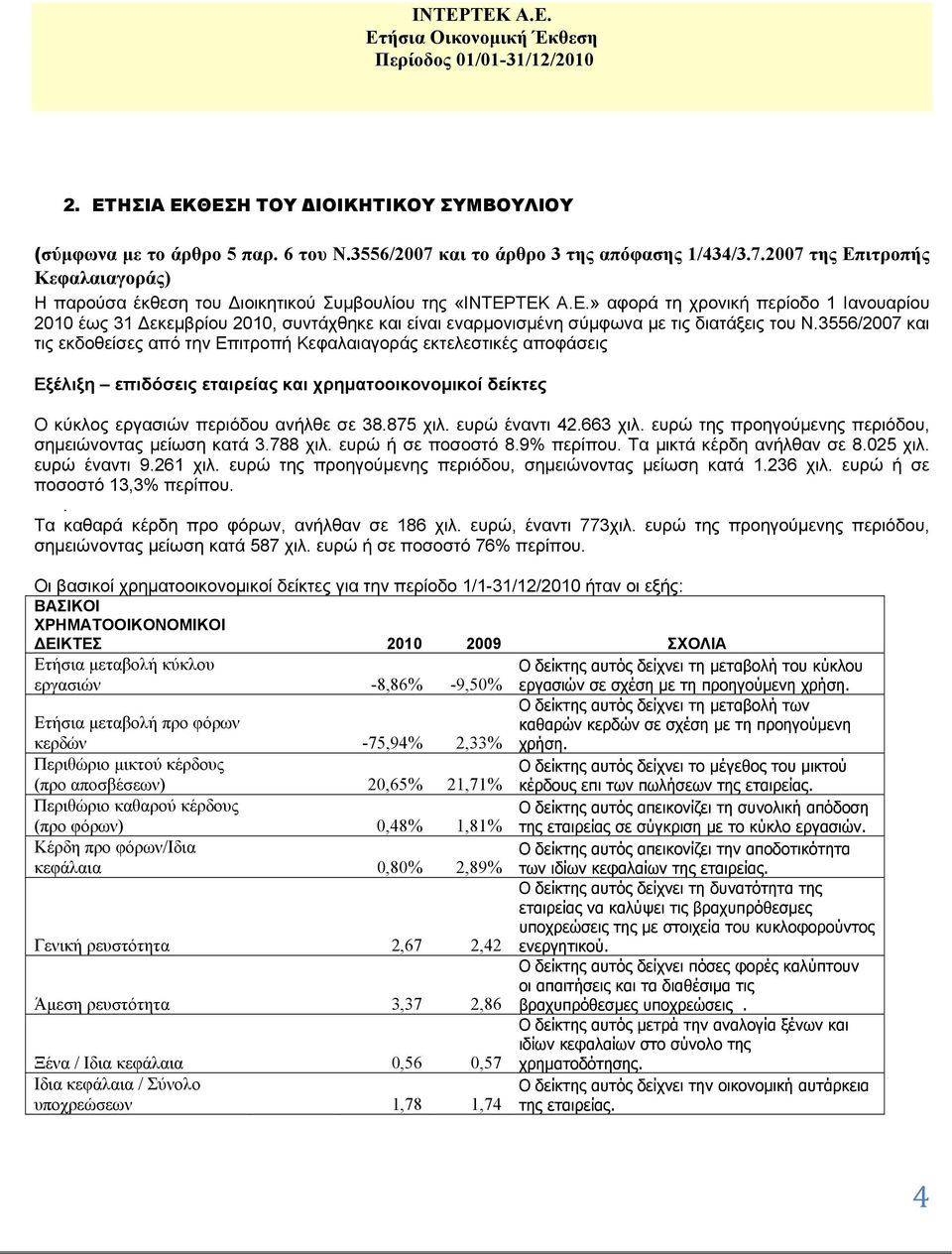 3556/2007 και τις εκδοθείσες από την Επιτροπή Κεφαλαιαγοράς εκτελεστικές αποφάσεις Εξέλιξη επιδόσεις εταιρείας και χρηματοοικονομικοί δείκτες Ο κύκλος εργασιών περιόδου ανήλθε σε 38.875 χιλ.