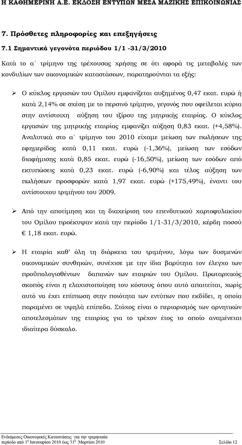 Ομίλου εμφανίζεται αυξημένος 0,47 εκατ. ευρώ ή κατά 2,14% σε σχέση με το περσινό τρίμηνο, γεγονός που οφείλεται κύρια στην αντίστοιχη αύξηση του τζίρου της μητρικής εταιρίας.