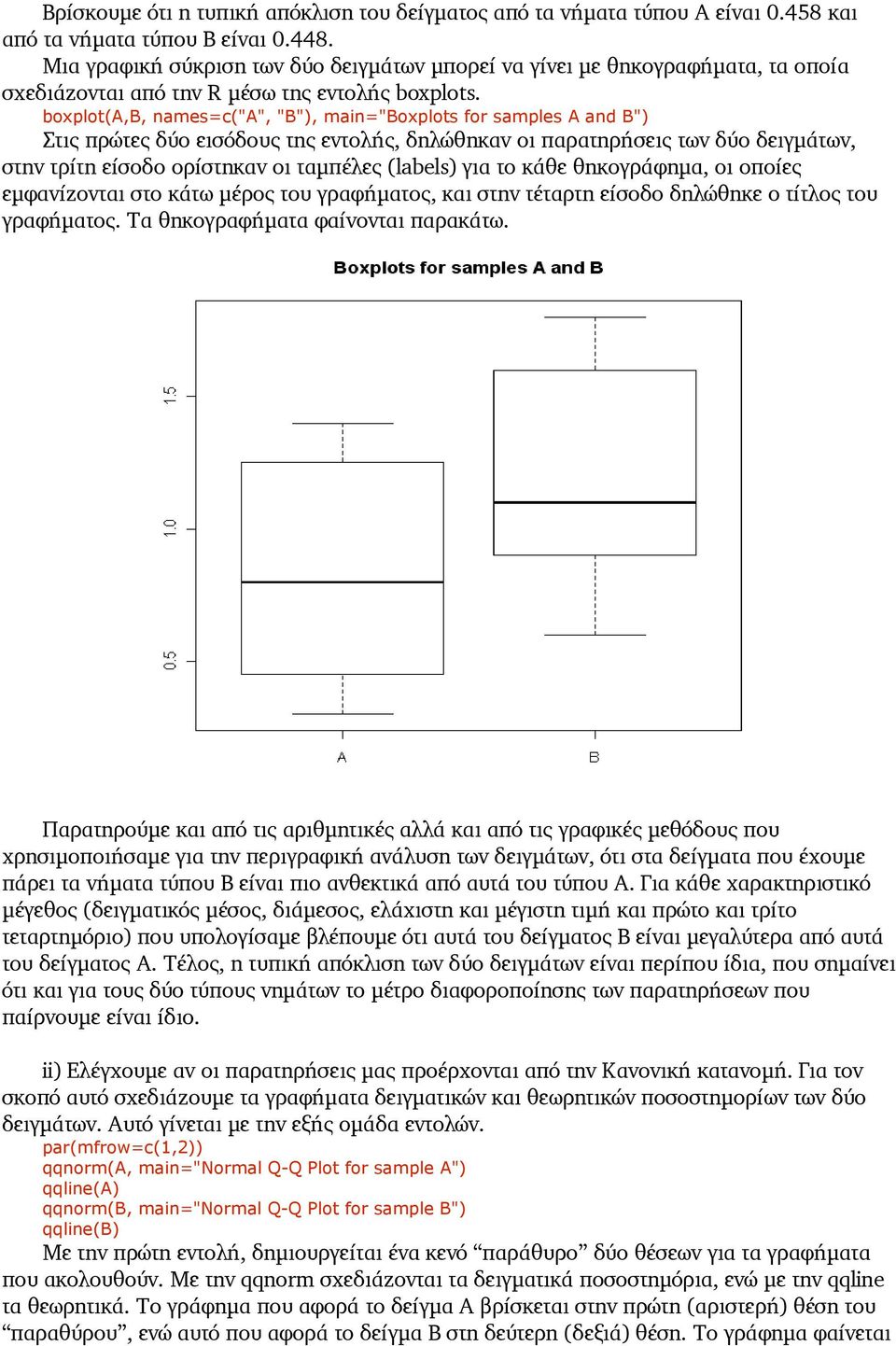 boxplot(a,b, names=c("a", "B"), main="boxplots for samples A and B") Στις πρώτες δύο εισόδους της εντολής, δηλώθηκαν οι παρατηρήσεις των δύο δειγμάτων, στην τρίτη είσοδο ορίστηκαν οι ταμπέλες