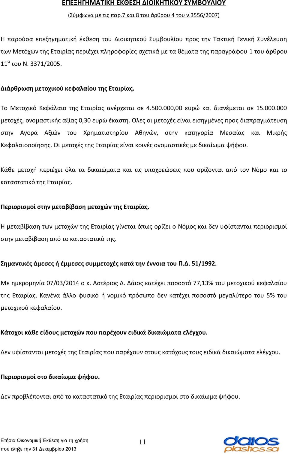 11 α του Ν. 3371/2005. Διάρθρωση μετοχικού κεφαλαίου της Εταιρίας. Το Μετοχικό Κεφάλαιο της Εταιρίας ανέρχεται σε 4.500.000,00 ευρώ και διανέμεται σε 15.000.000 μετοχές, ονομαστικής αξίας 0,30 ευρώ έκαστη.