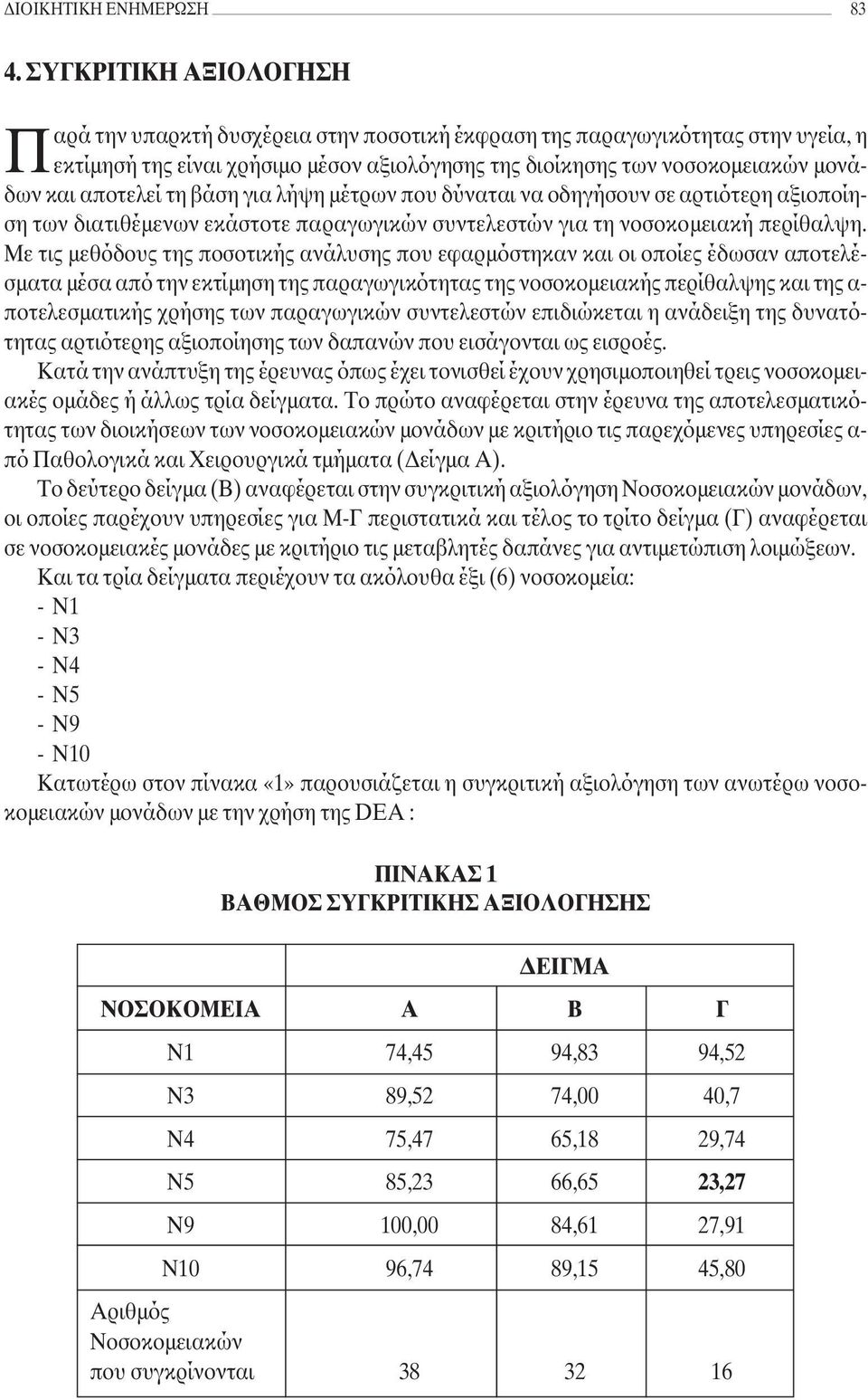 αποτελεί τη βάση για λήψη µέτρων που δύναται να οδηγήσουν σε αρτιότερη αξιοποίηση των διατιθέµενων εκάστοτε παραγωγικών συντελεστών για τη νοσοκοµειακή περίθαλψη.